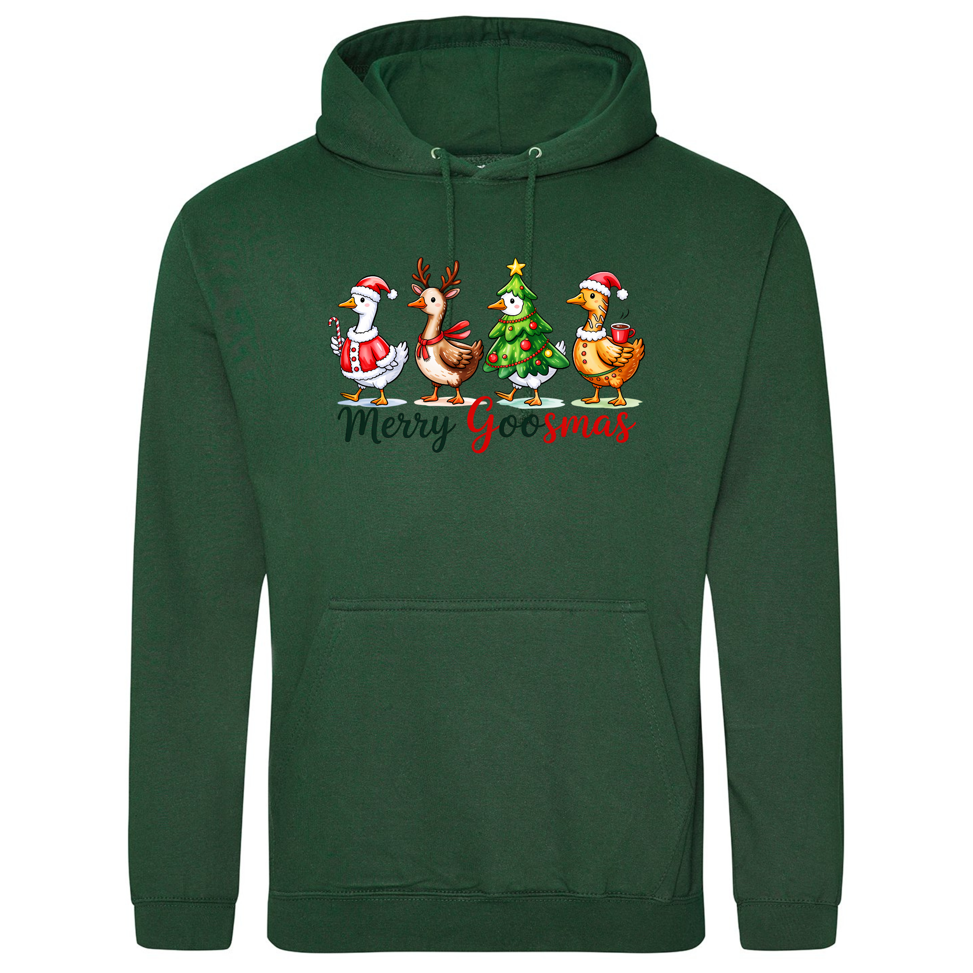 Merry Goosmas Hoodie in Bottle Green with festive geese design.