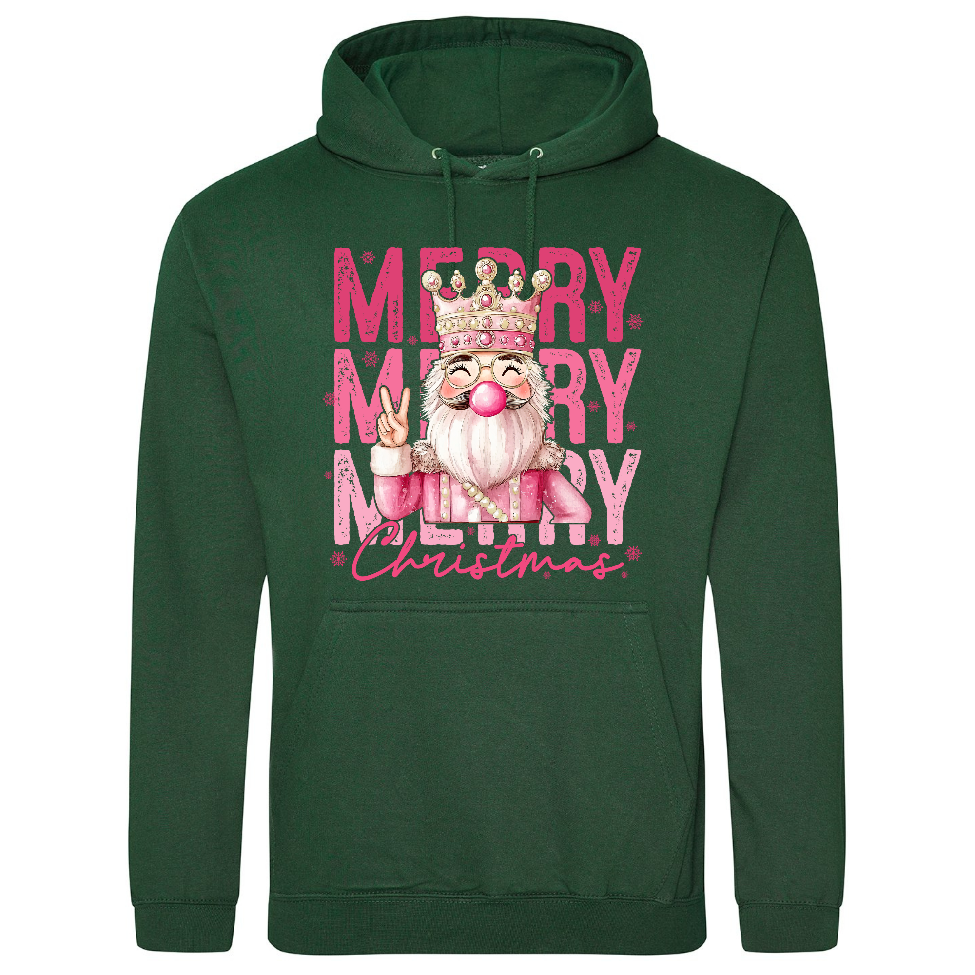 Pink Nutcracker Hoodie in Bottle Green – pink Santa festive print on dark green hoodie.