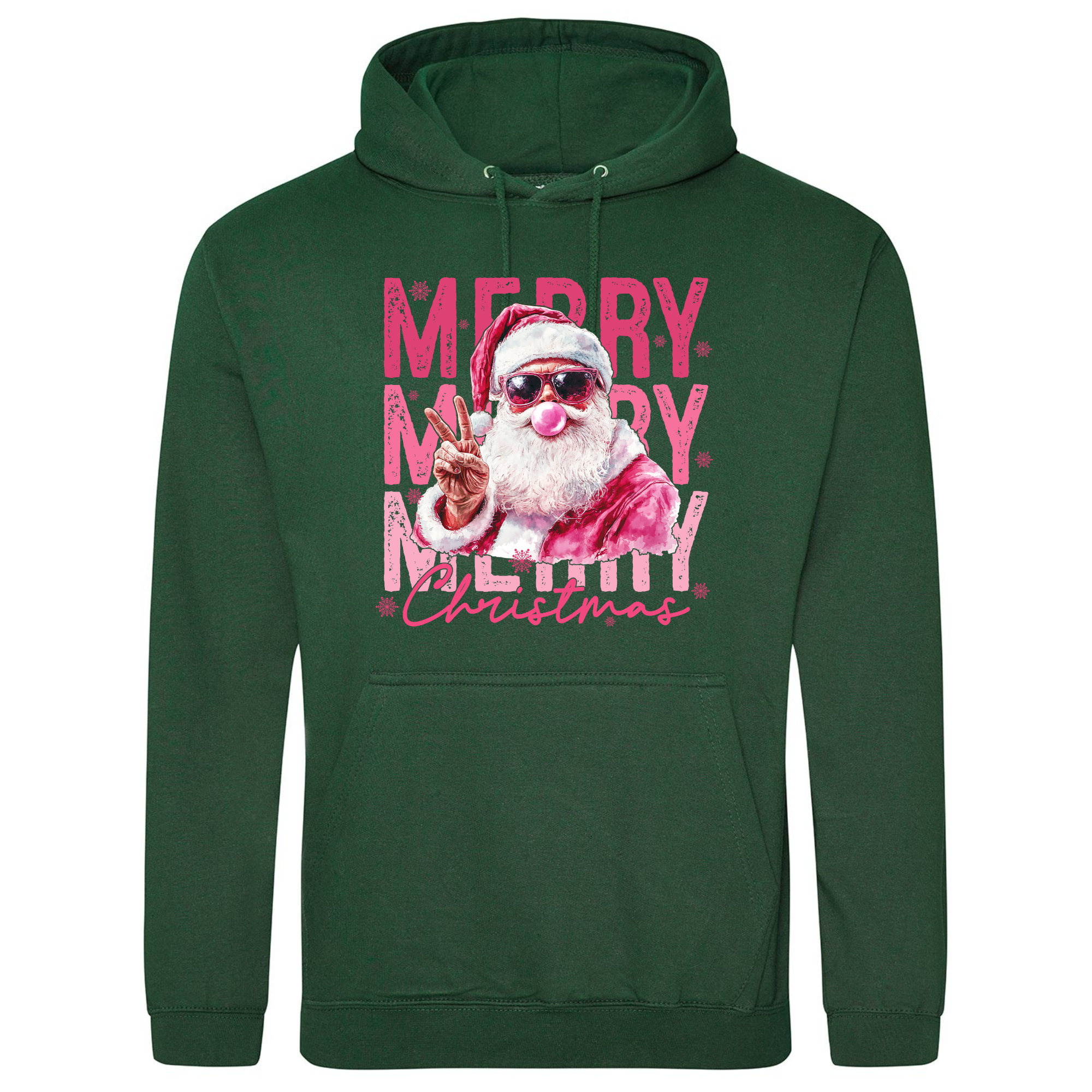 Pink Santa Merry Christmas Hoodie in Bottle Green with festive Santa design.
