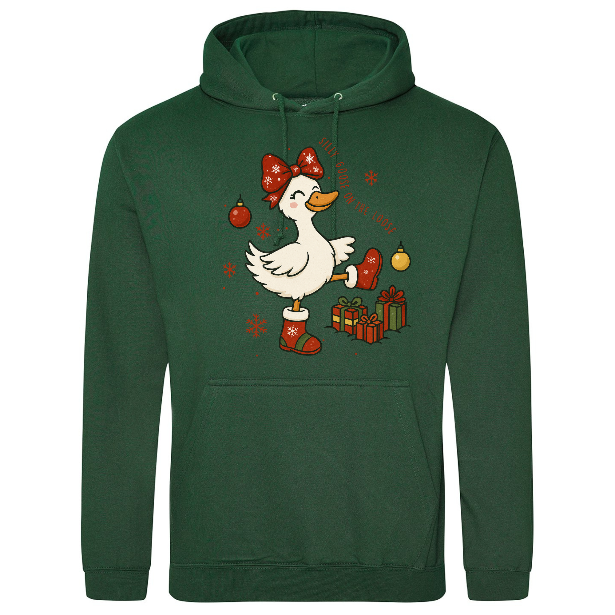 Bottle Green Silly Goose on the Loose Christmas Hoodie with a festive goose design.