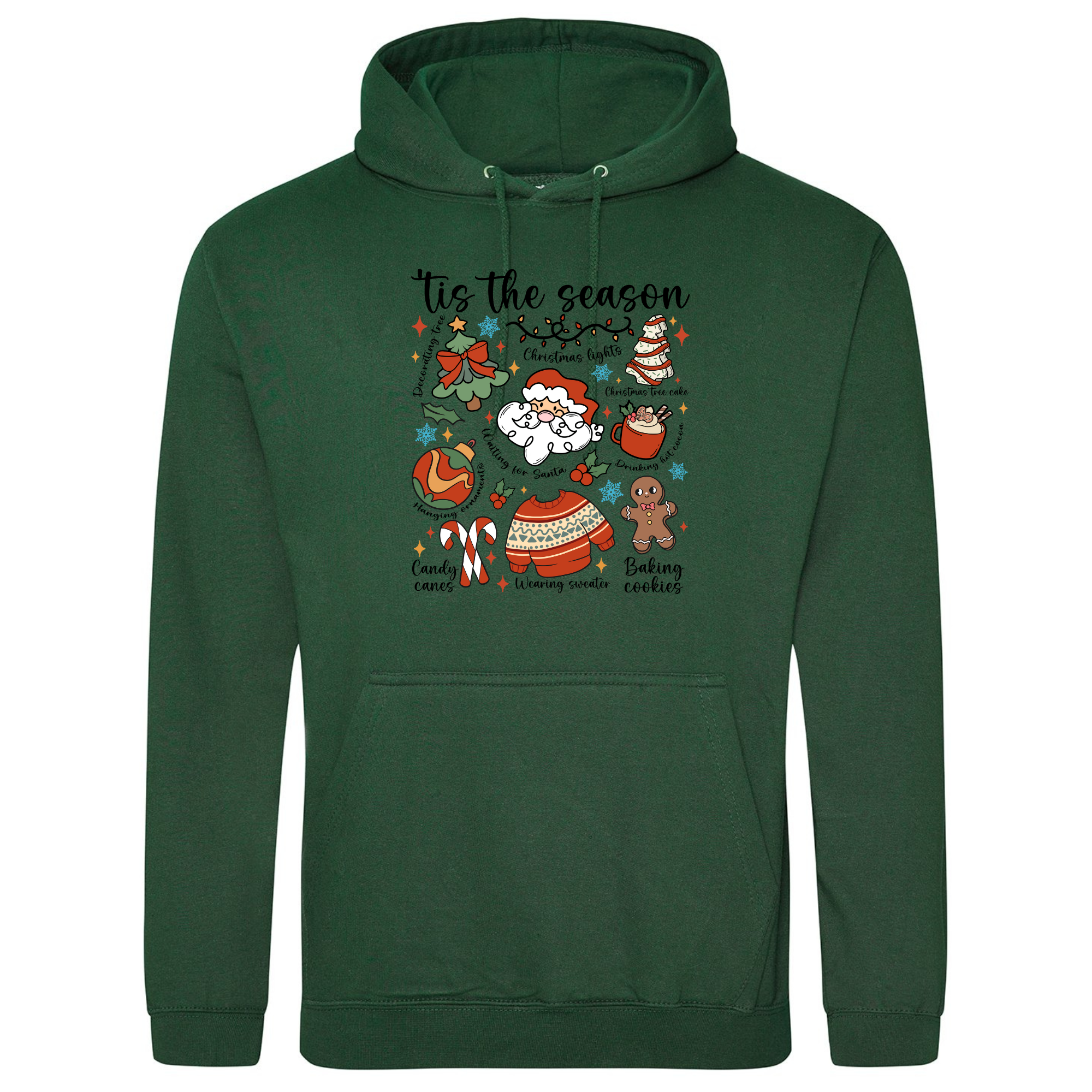 Tis the Season Cartoon Christmas Hoodie in Bottle Green with festive Santa print.