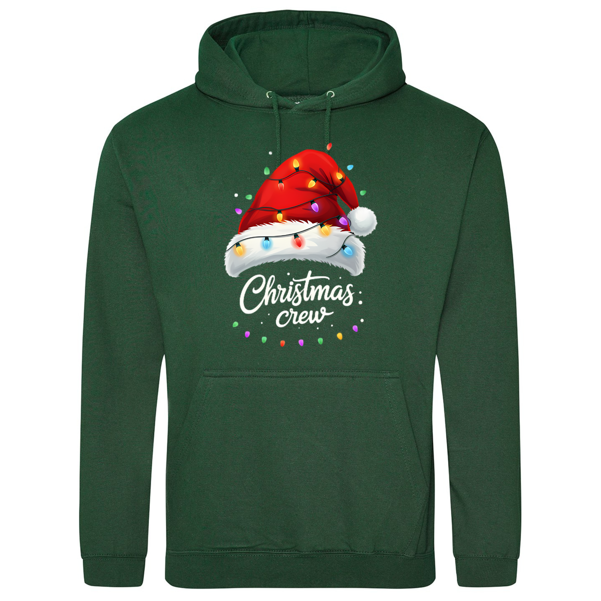 Bottle green hoodie with Christmas Crew Santa hat and fairy lights print.