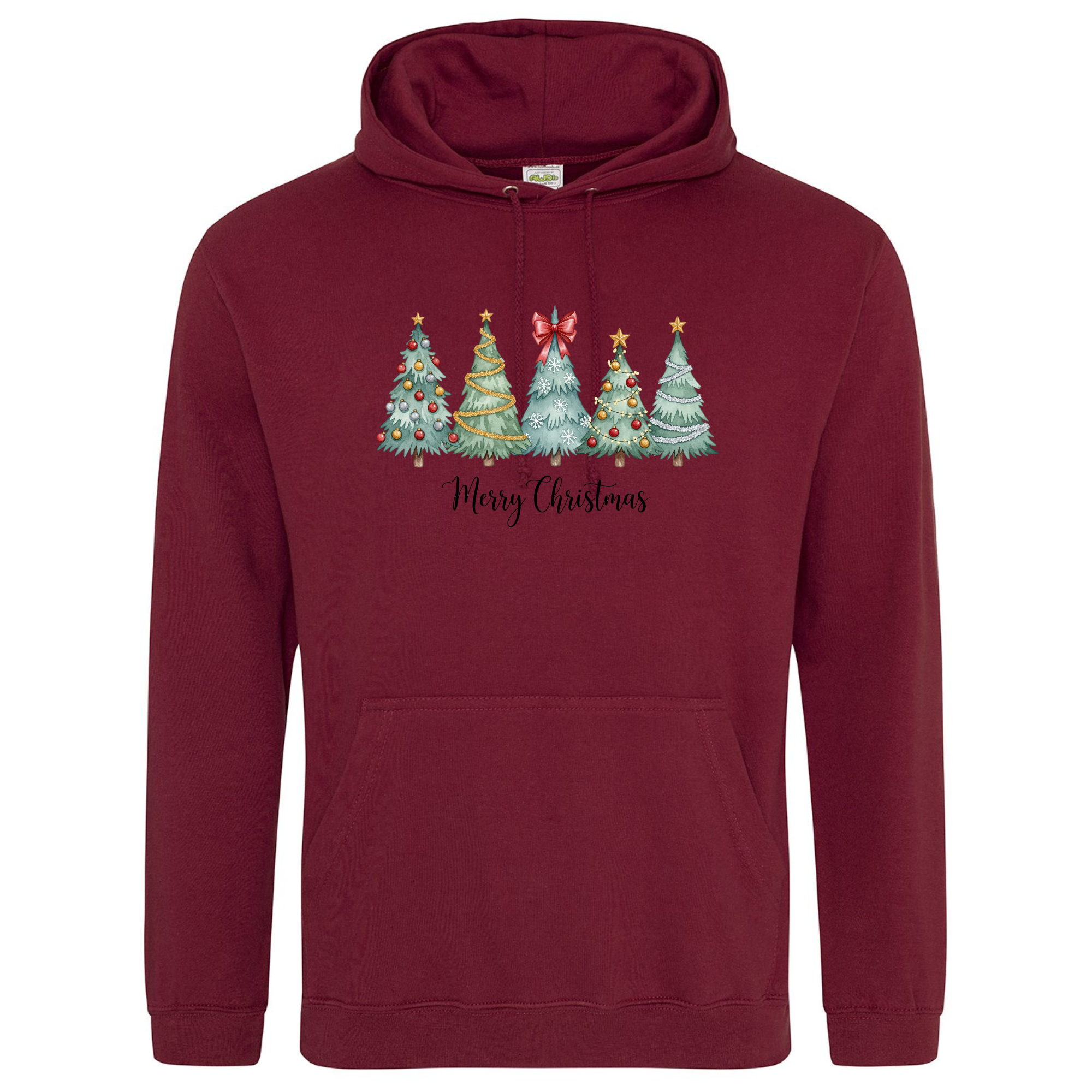 Christmas Trees Hoodie in Burgundy with festive “Merry Christmas” print