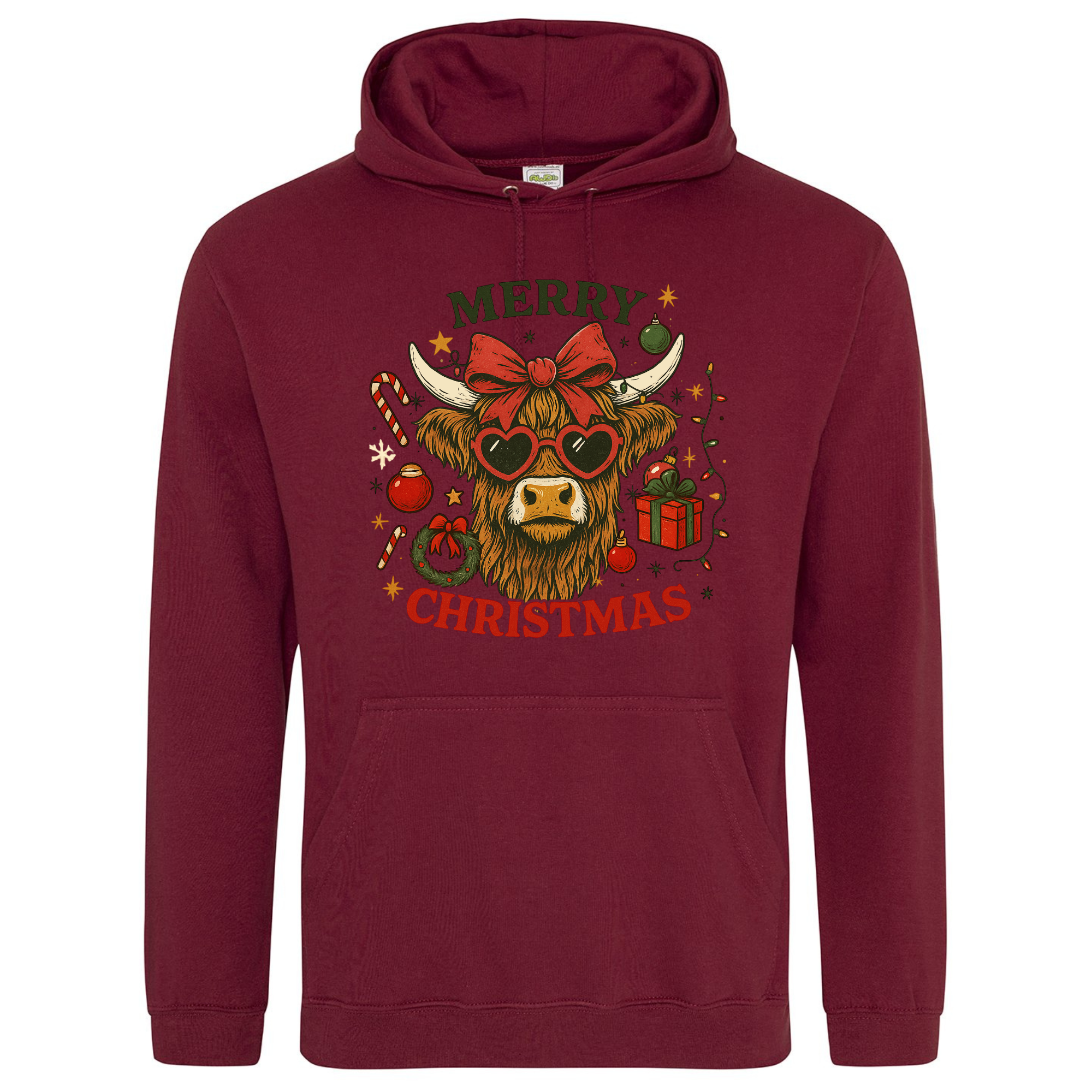 Merry Christmas Highland Cow Hoodie in Burgundy