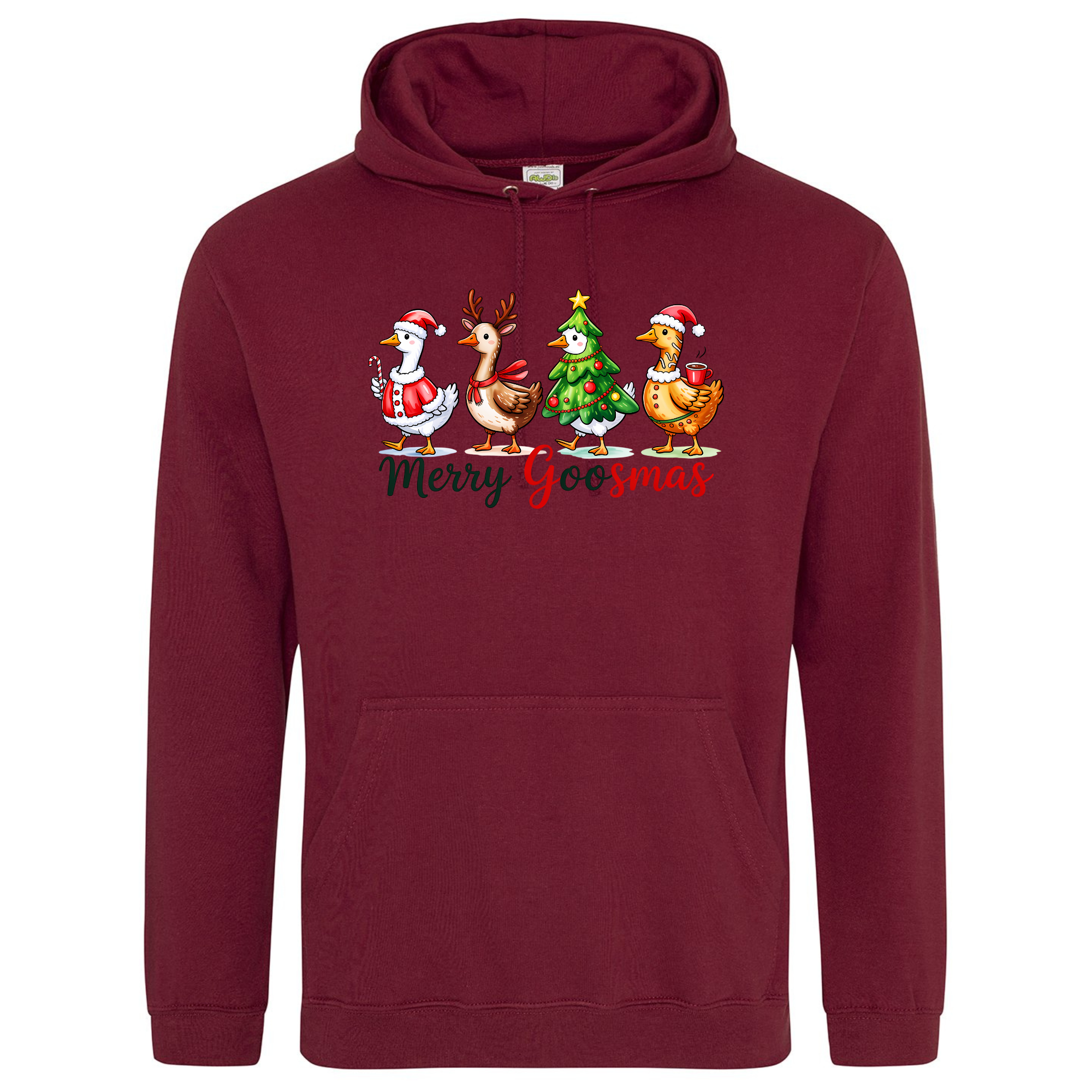 Merry Goosmas Hoodie in Burgundy featuring fun Christmas goose design.