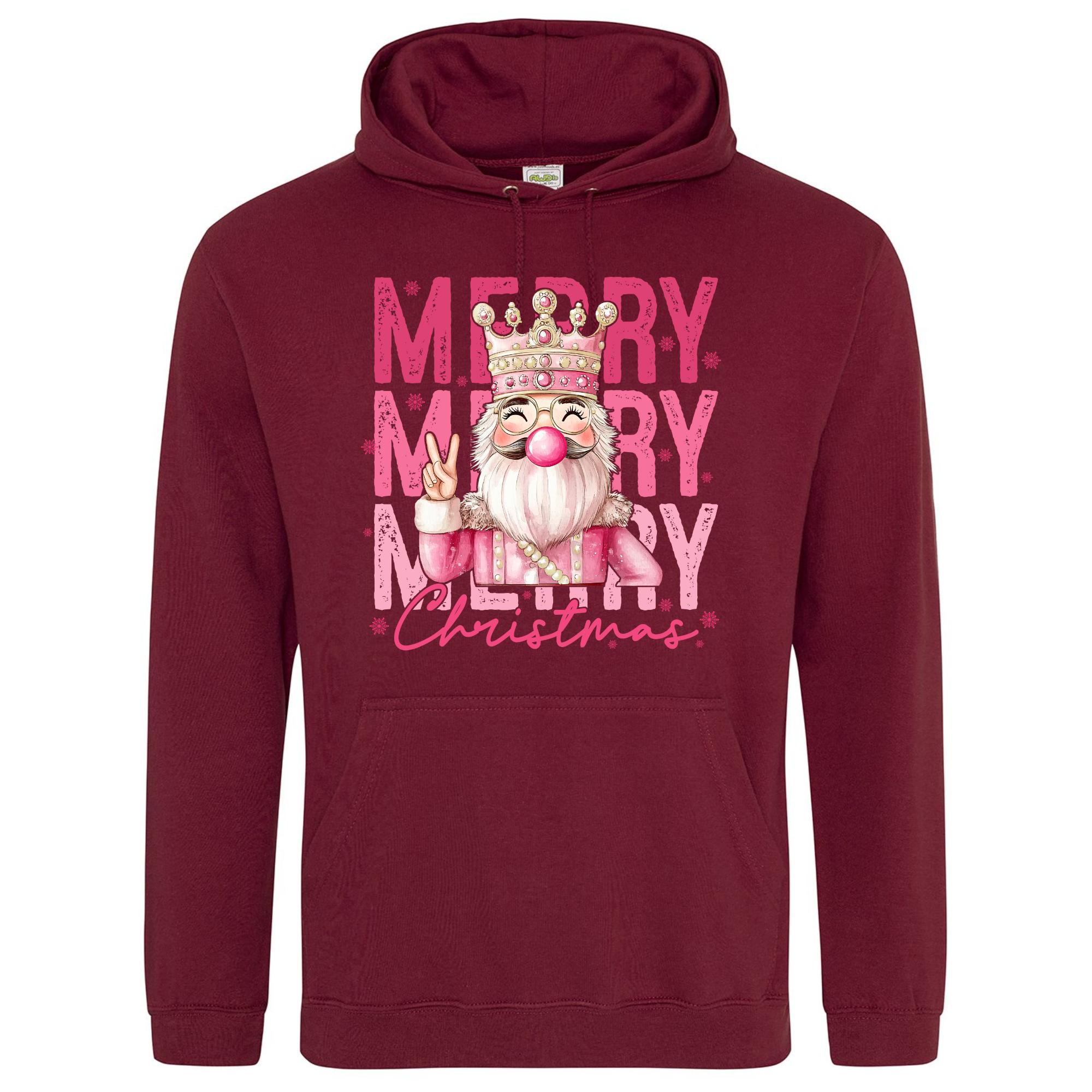 Pink Nutcracker Hoodie in Burgundy – festive hoodie with pink Nutcracker design.