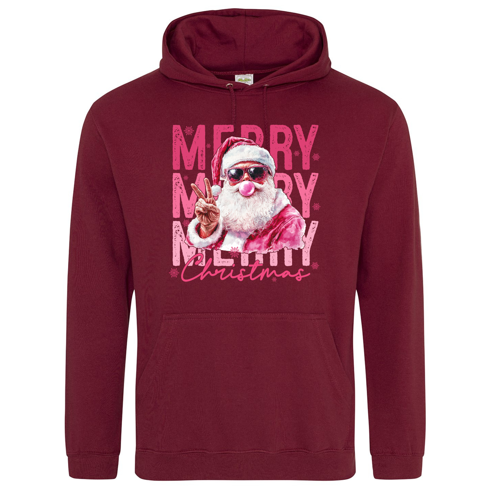 Pink Santa Merry Christmas Hoodie in Burgundy with modern Santa design.