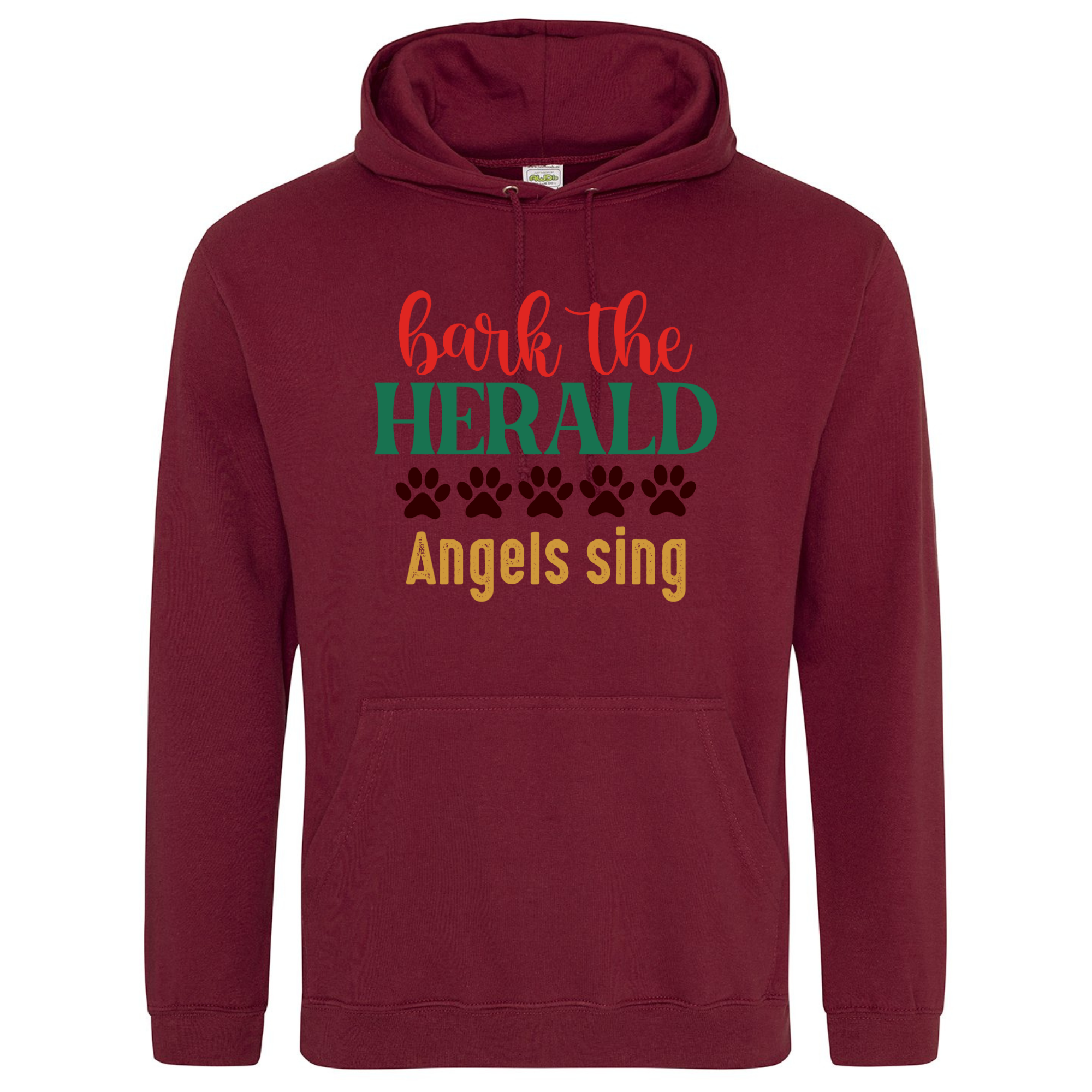 Burgundy hoodie featuring the “Bark the Herald Angels Sing” festive paw print design.