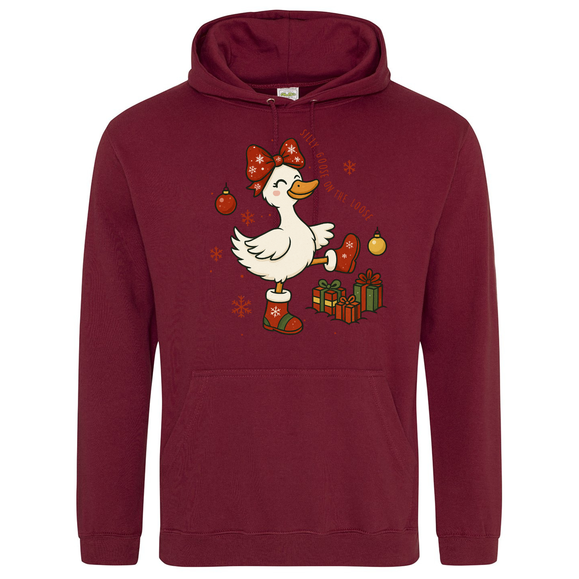 Silly Goose on the Loose Christmas Hoodie in Burgundy with festive goose print.