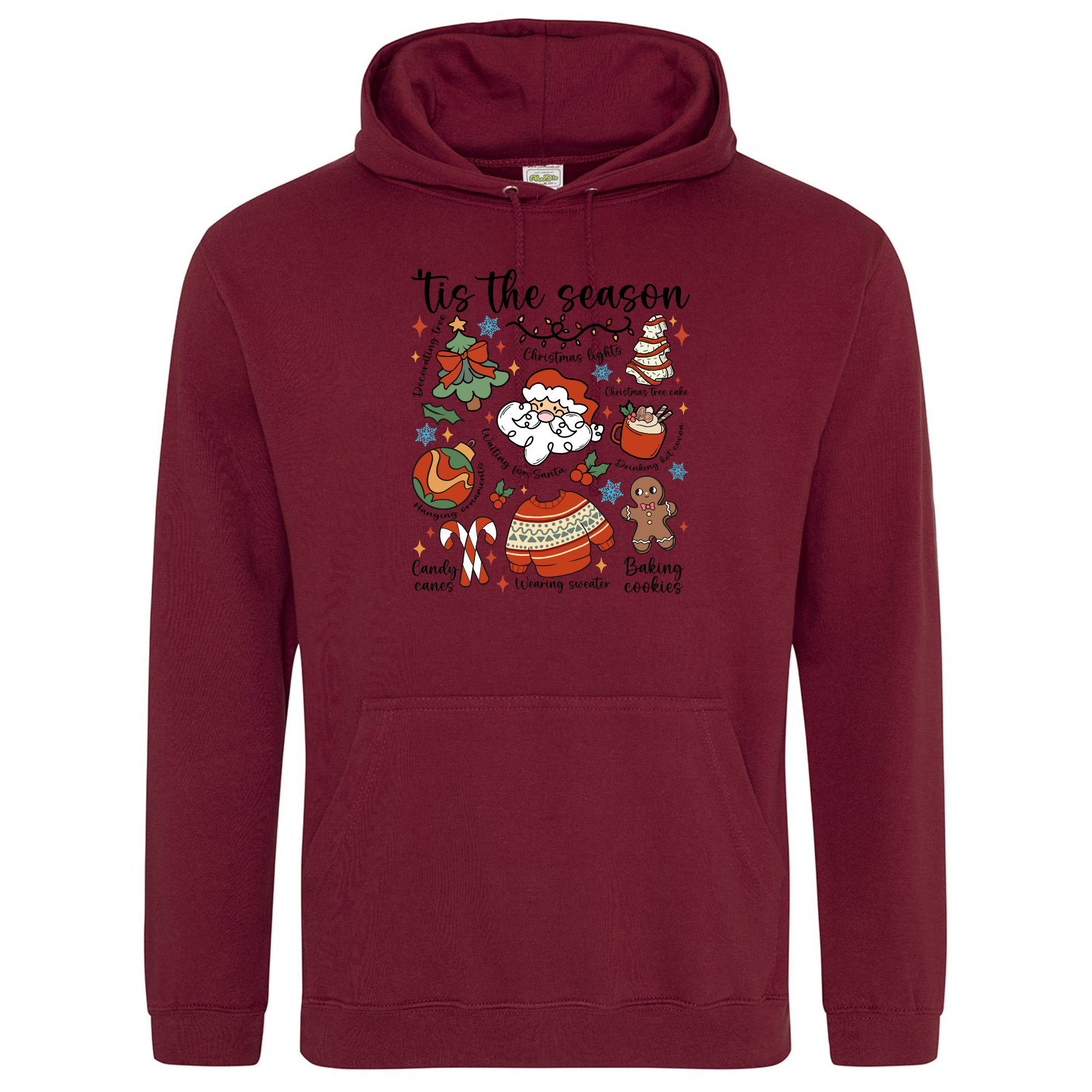 Tis the Season Cartoon Christmas Hoodie in Burgundy with Santa and holiday motifs.