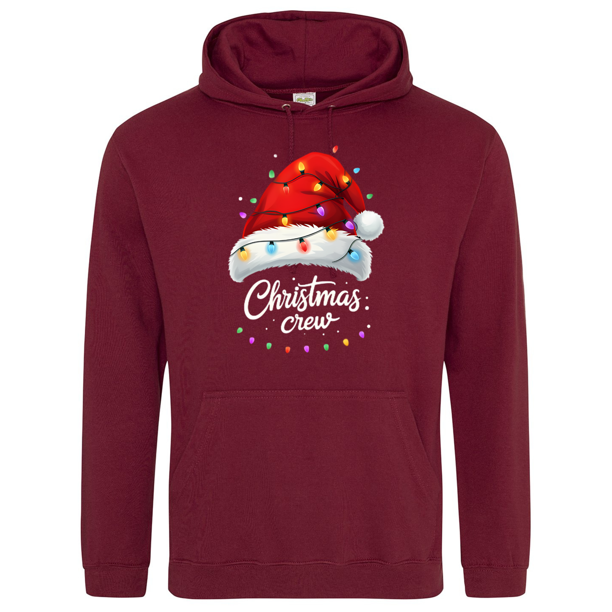 Burgundy hoodie with Christmas Crew design featuring Santa hat and string lights.