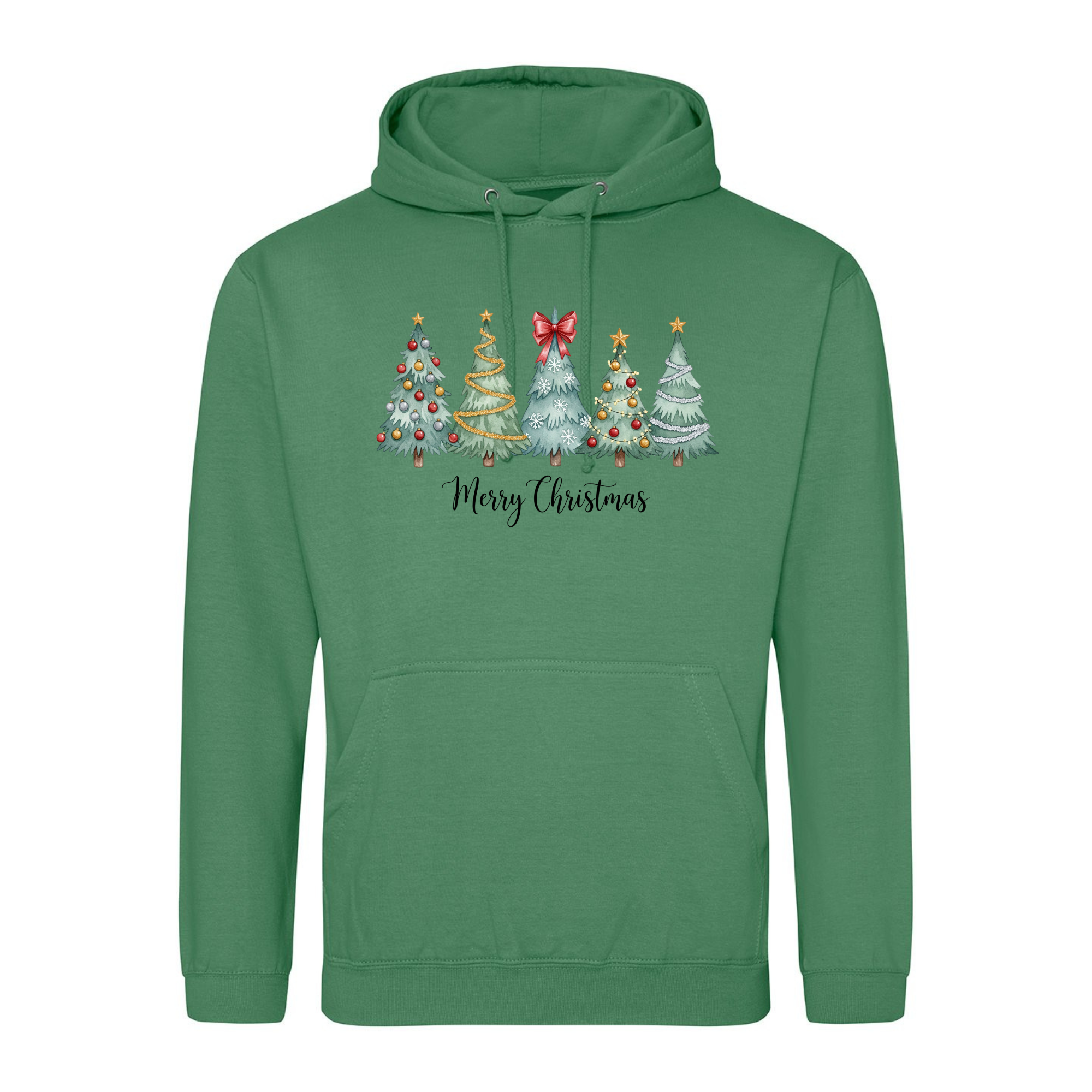 Christmas Trees Hoodie in Cactus Green with decorated tree design