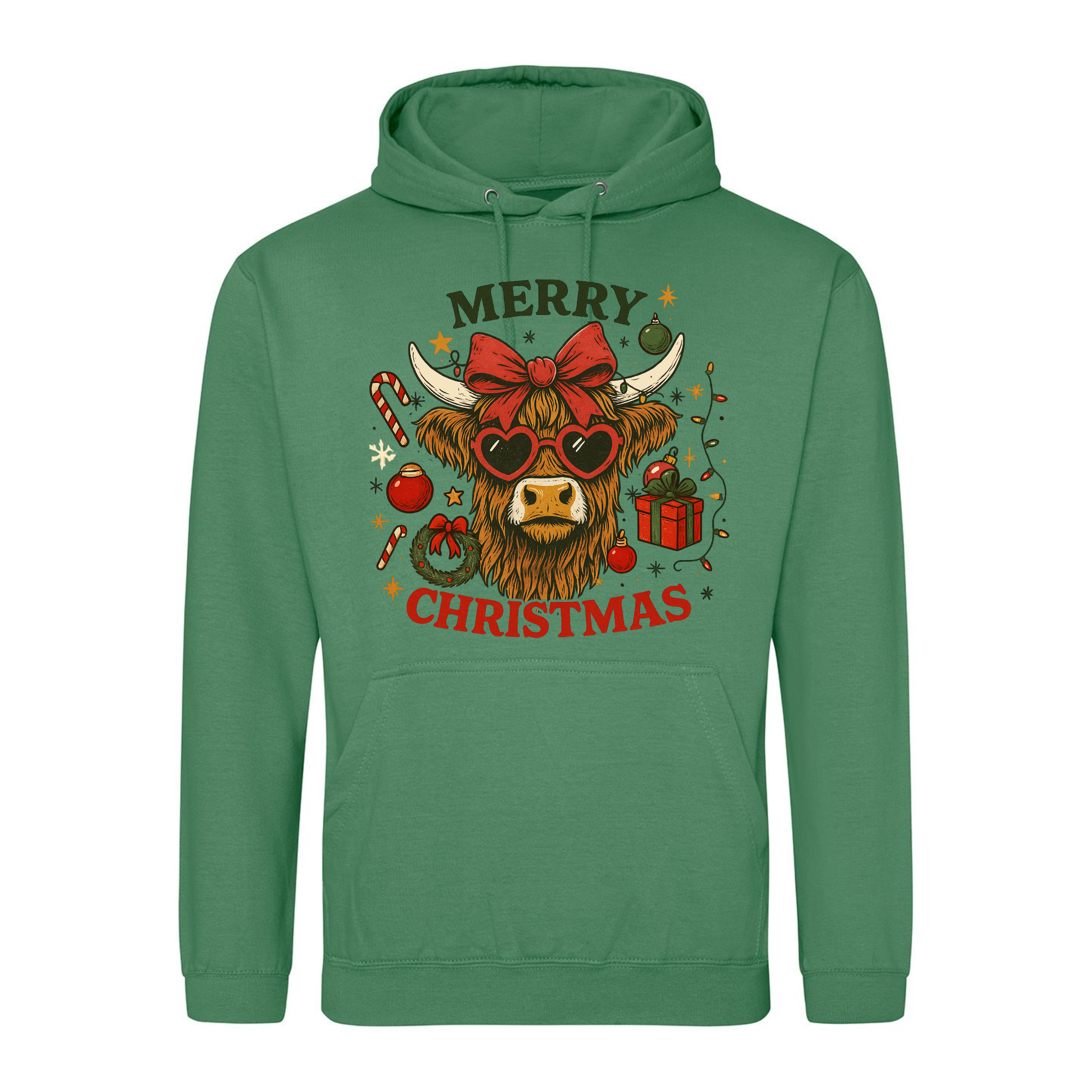 Merry Christmas Highland Cow Hoodie in Cactus Green