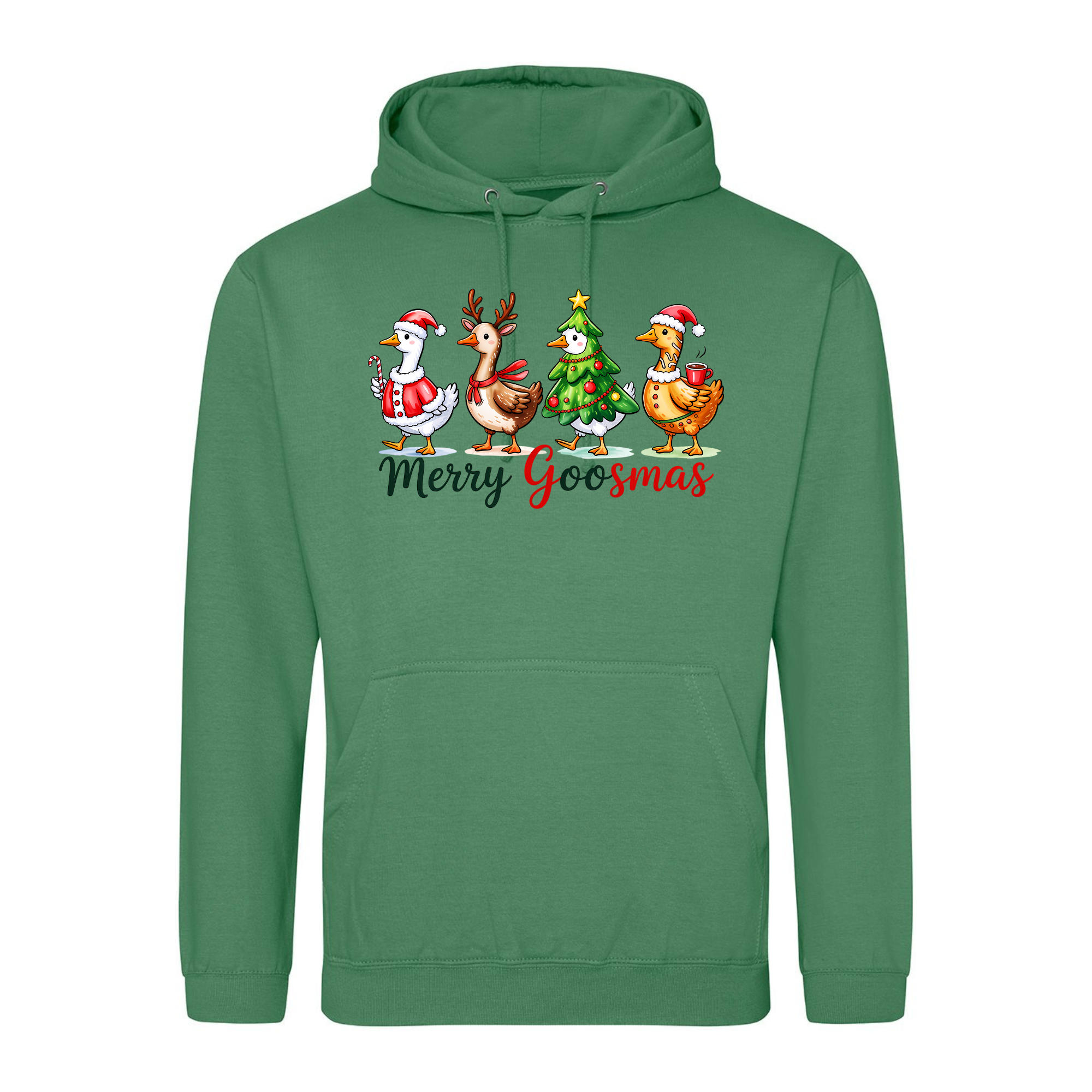 Merry Goosmas Hoodie in Cactus Green with Christmas goose design.