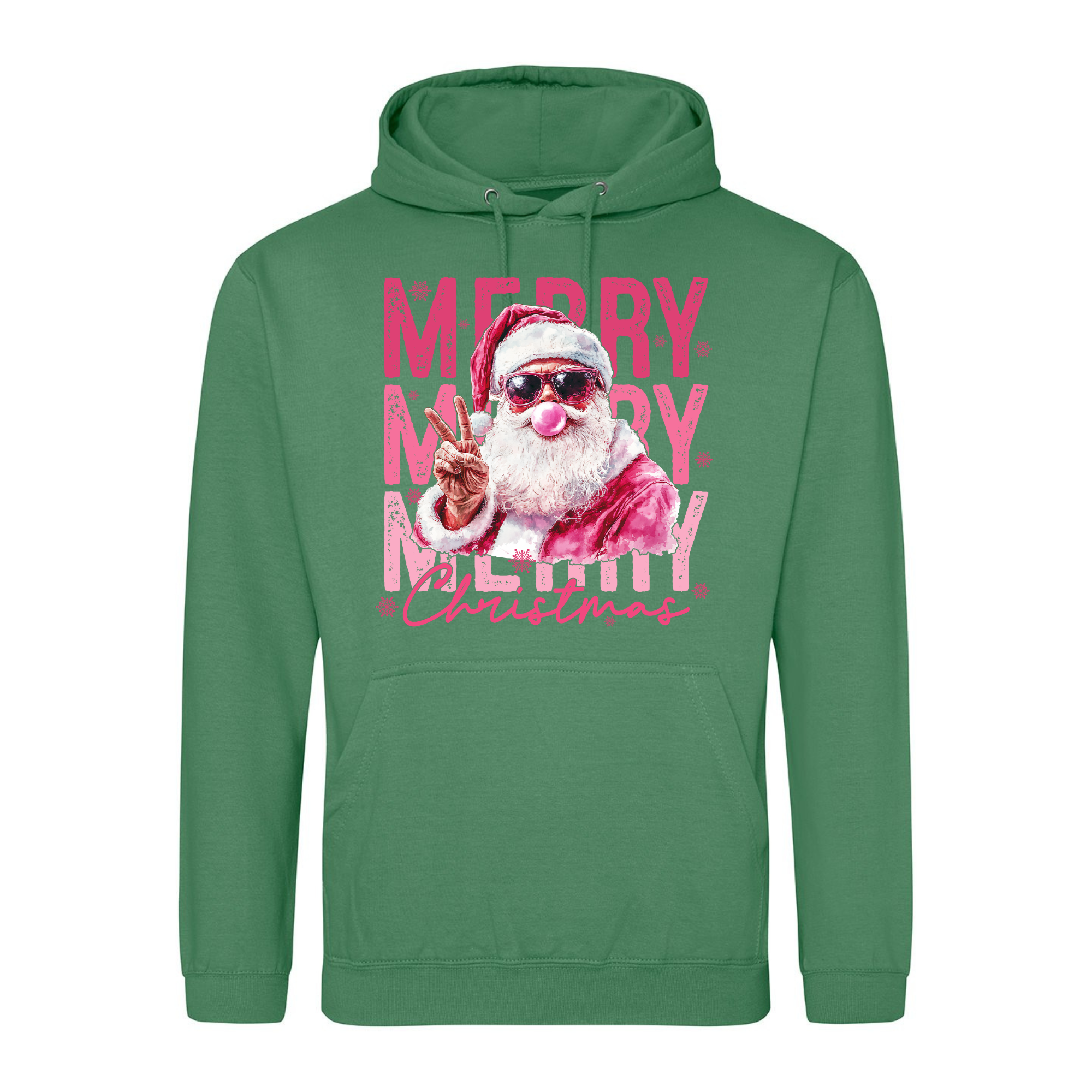 Pink Santa Merry Christmas Hoodie in Cactus Green with peace-sign Santa print.