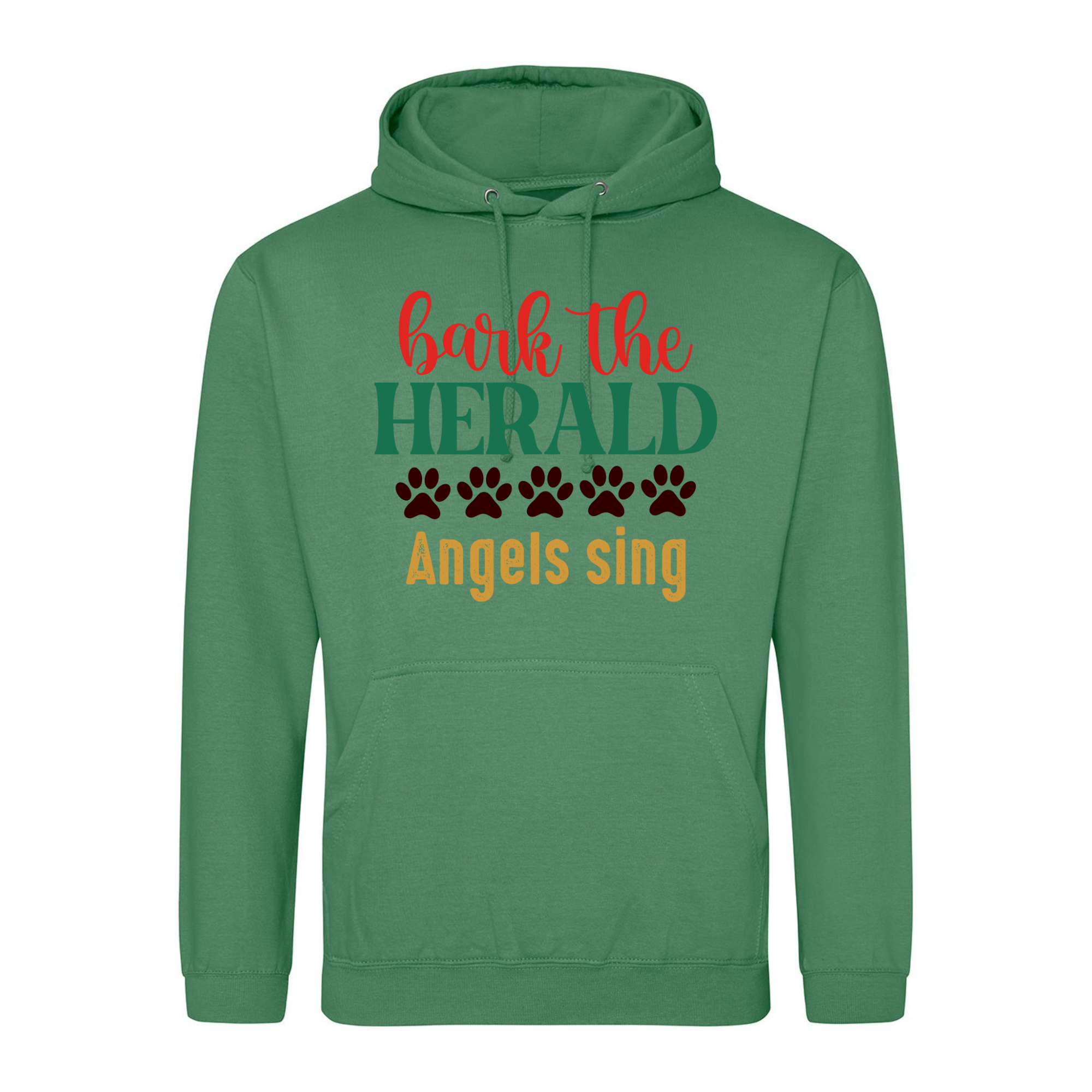 Cactus green hoodie with “Bark the Herald Angels Sing” text and paw prints in festive colours.