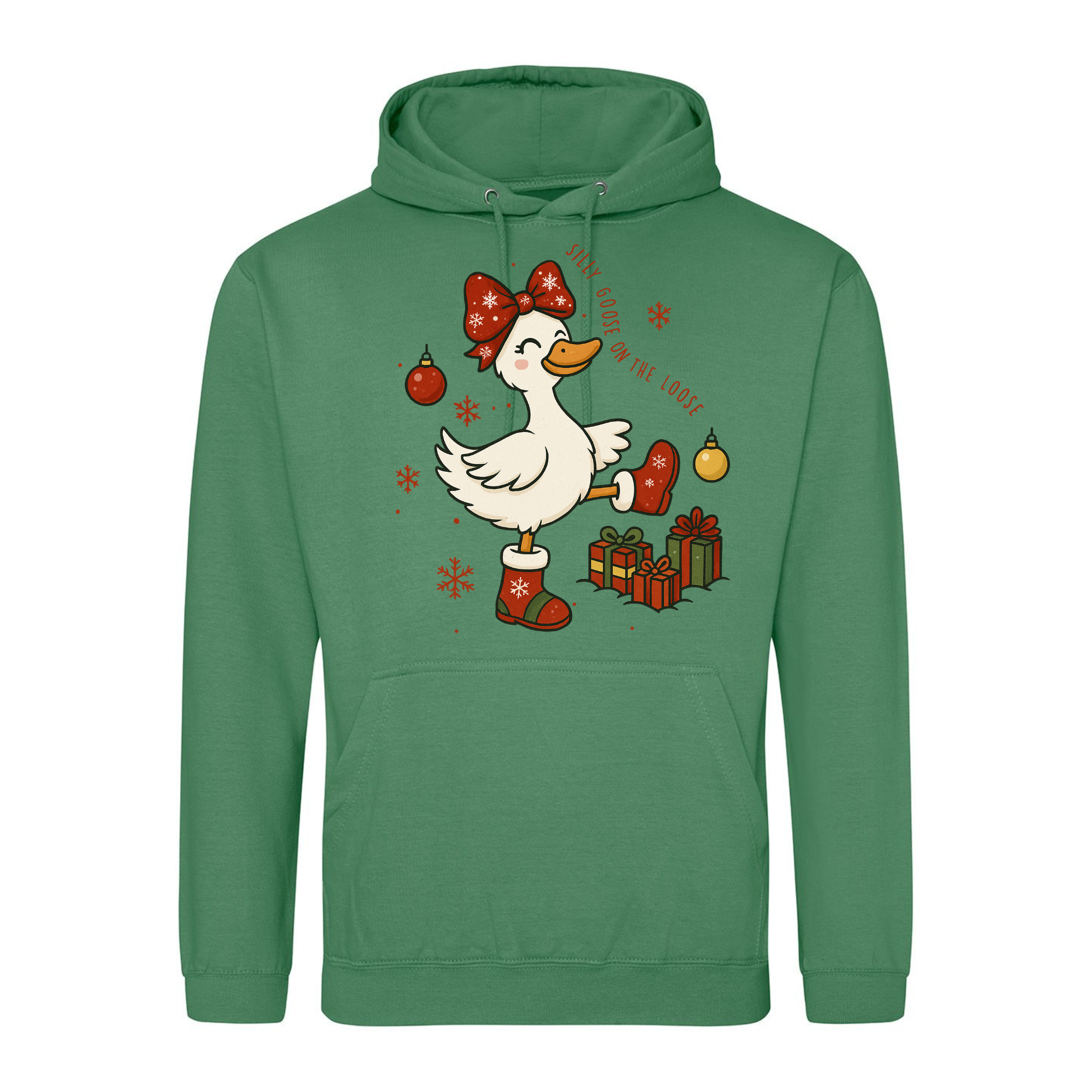Silly Goose on the Loose Christmas Hoodie in Cactus Green with goose and gift design.