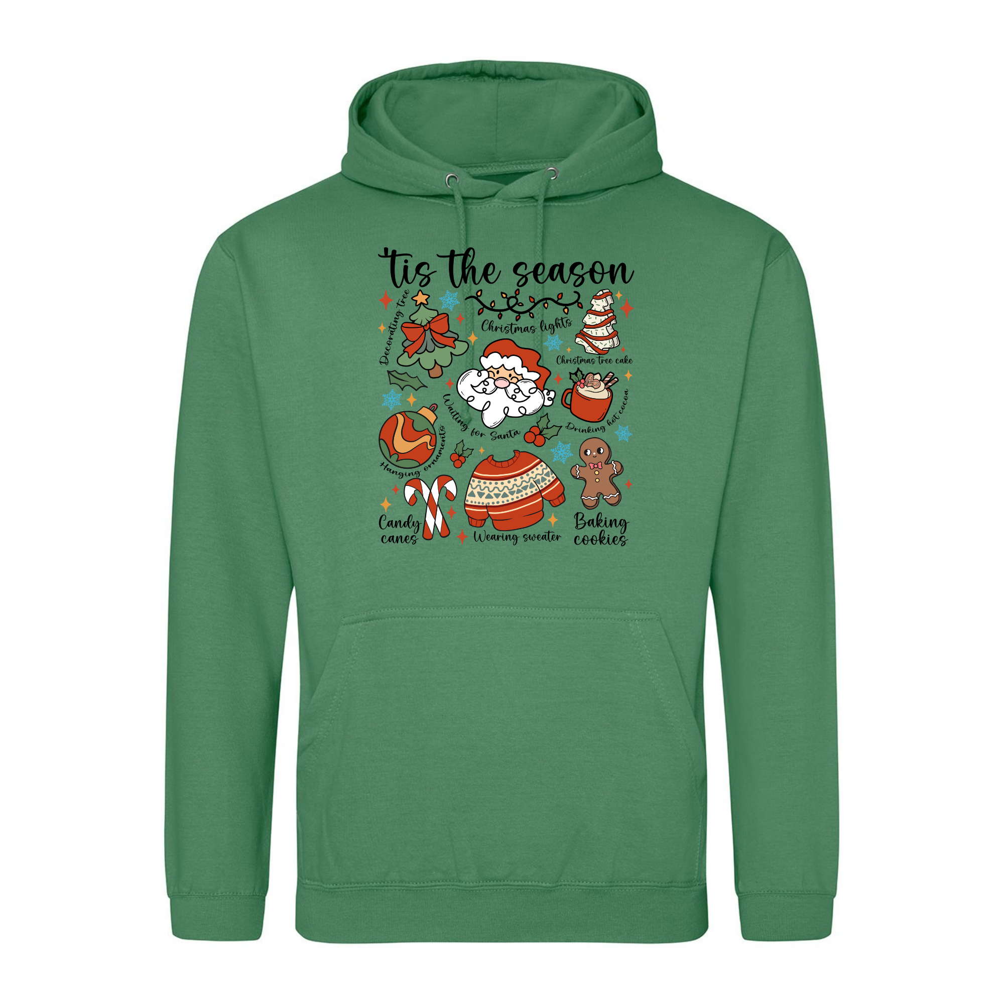 Tis the Season Cartoon Christmas Hoodie in Cactus Green featuring Santa and Christmas icons.