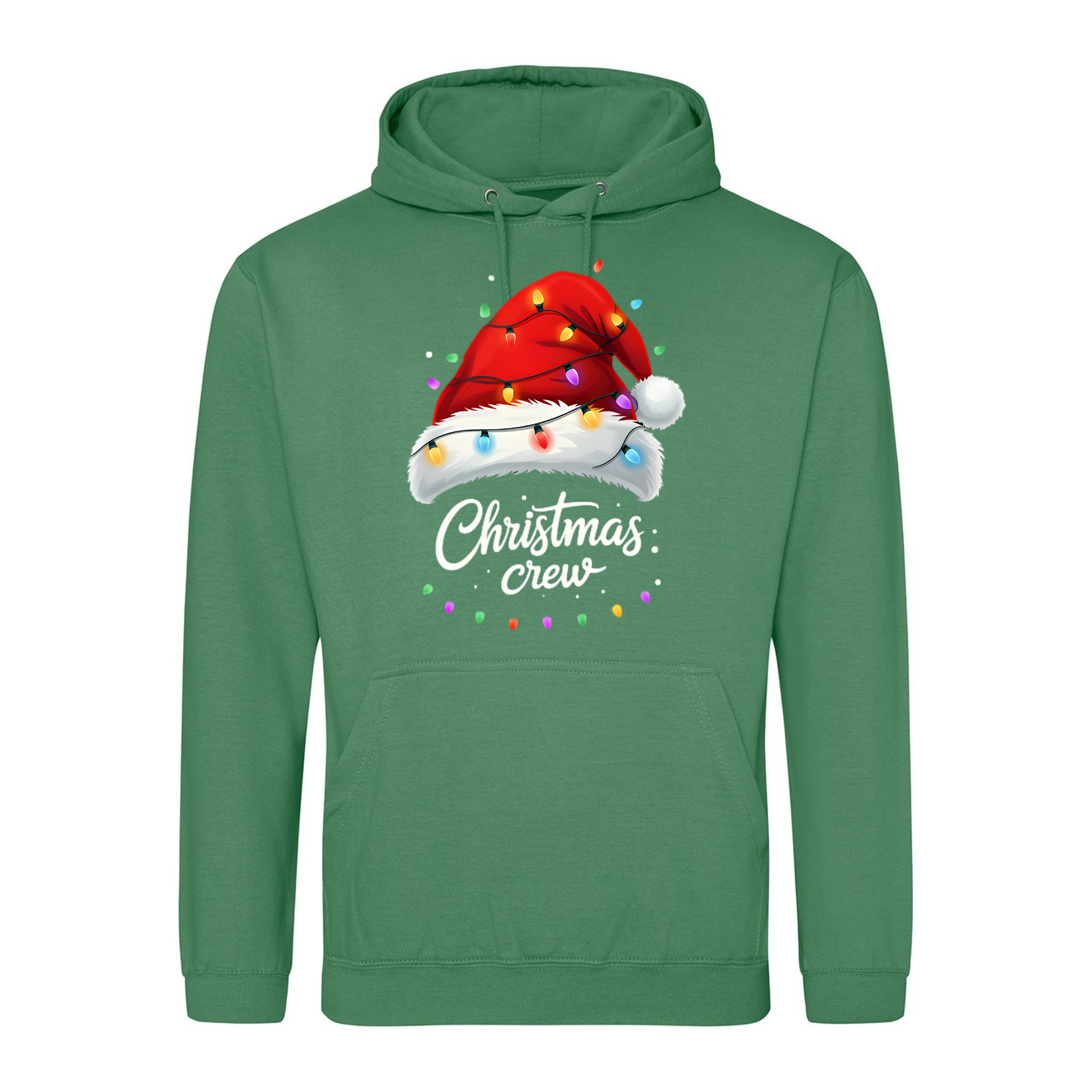 Mid-green hoodie with Christmas Crew Santa hat and lights design.