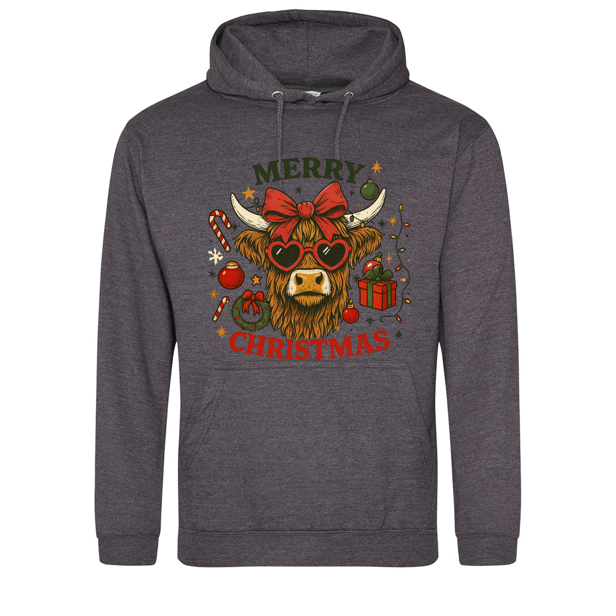 Merry Christmas Highland Cow Hoodie in Charcoal