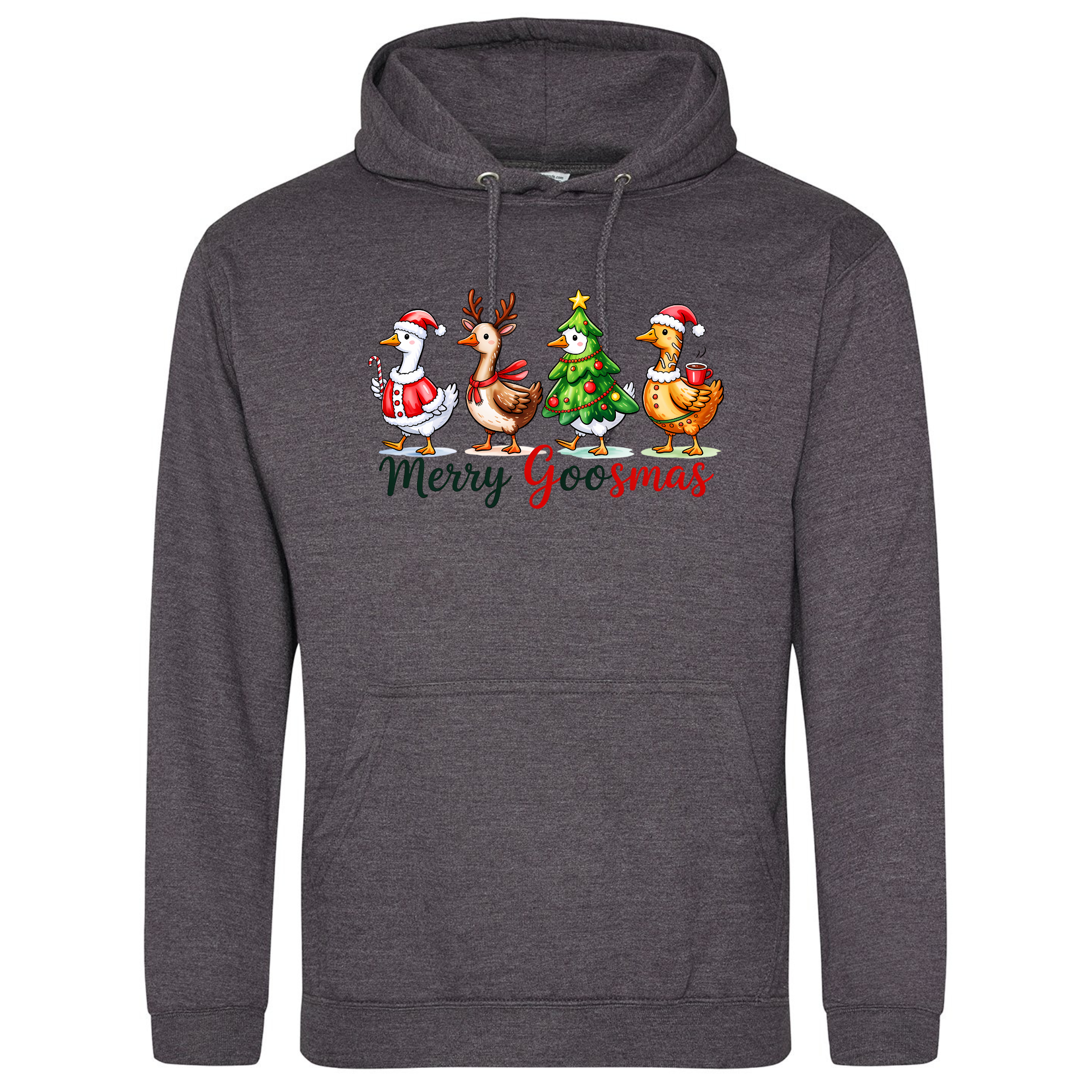 Merry Goosmas Hoodie in Charcoal with Christmas geese print.