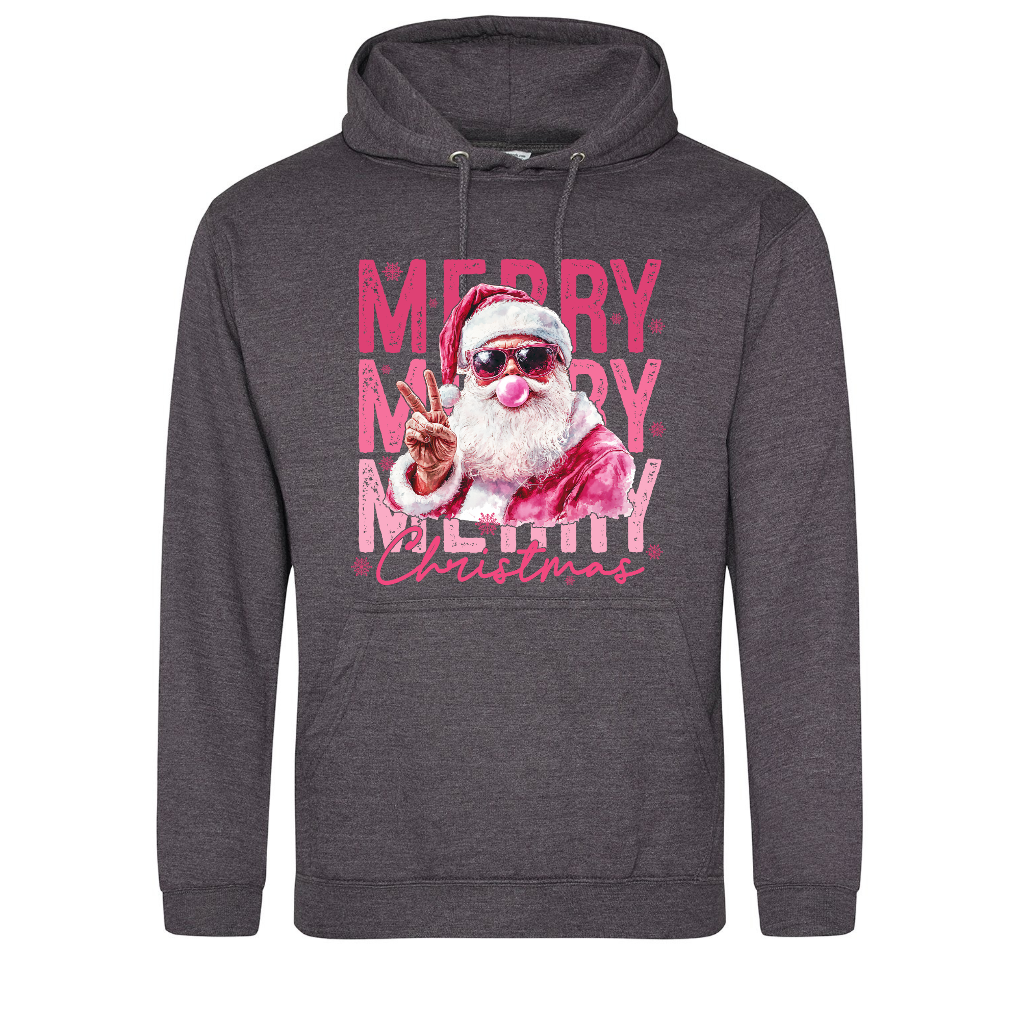 Pink Santa Merry Christmas Hoodie in Charcoal with vibrant pink Santa design.
