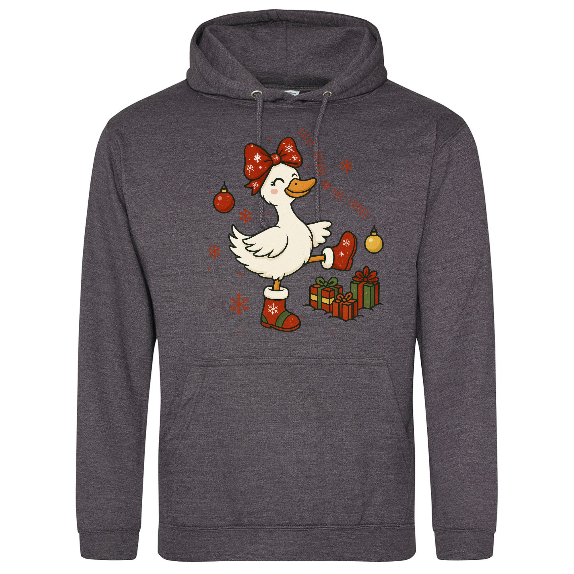 Charcoal hoodie with Silly Goose on the Loose Christmas design.