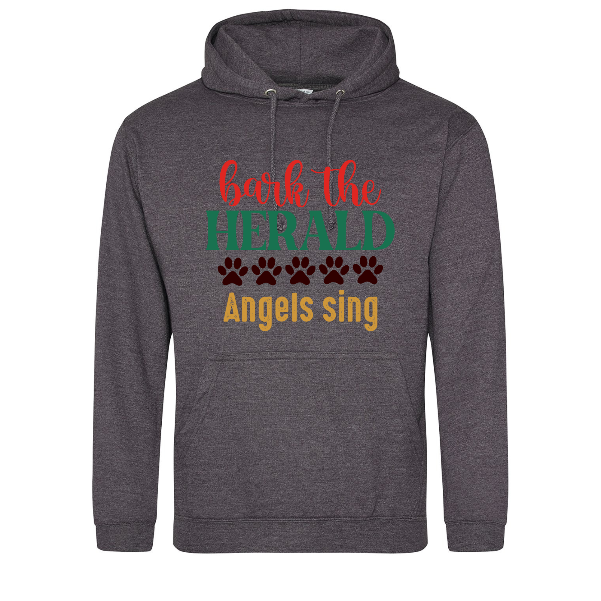 Charcoal grey hoodie with “Bark the Herald Angels Sing” design in Christmas red, green, and gold.