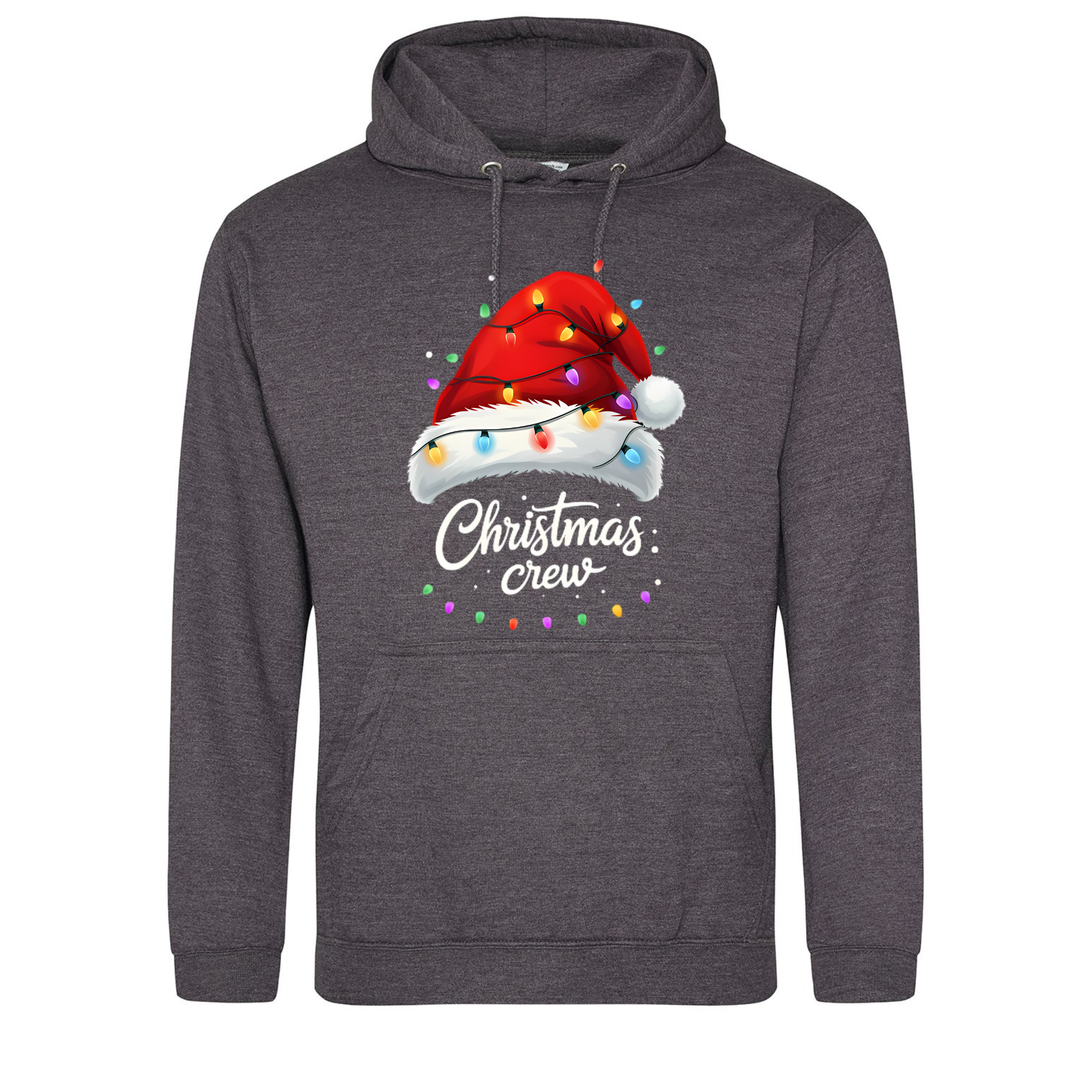 Charcoal grey hoodie with Christmas Crew design featuring Santa hat and colourful lights.