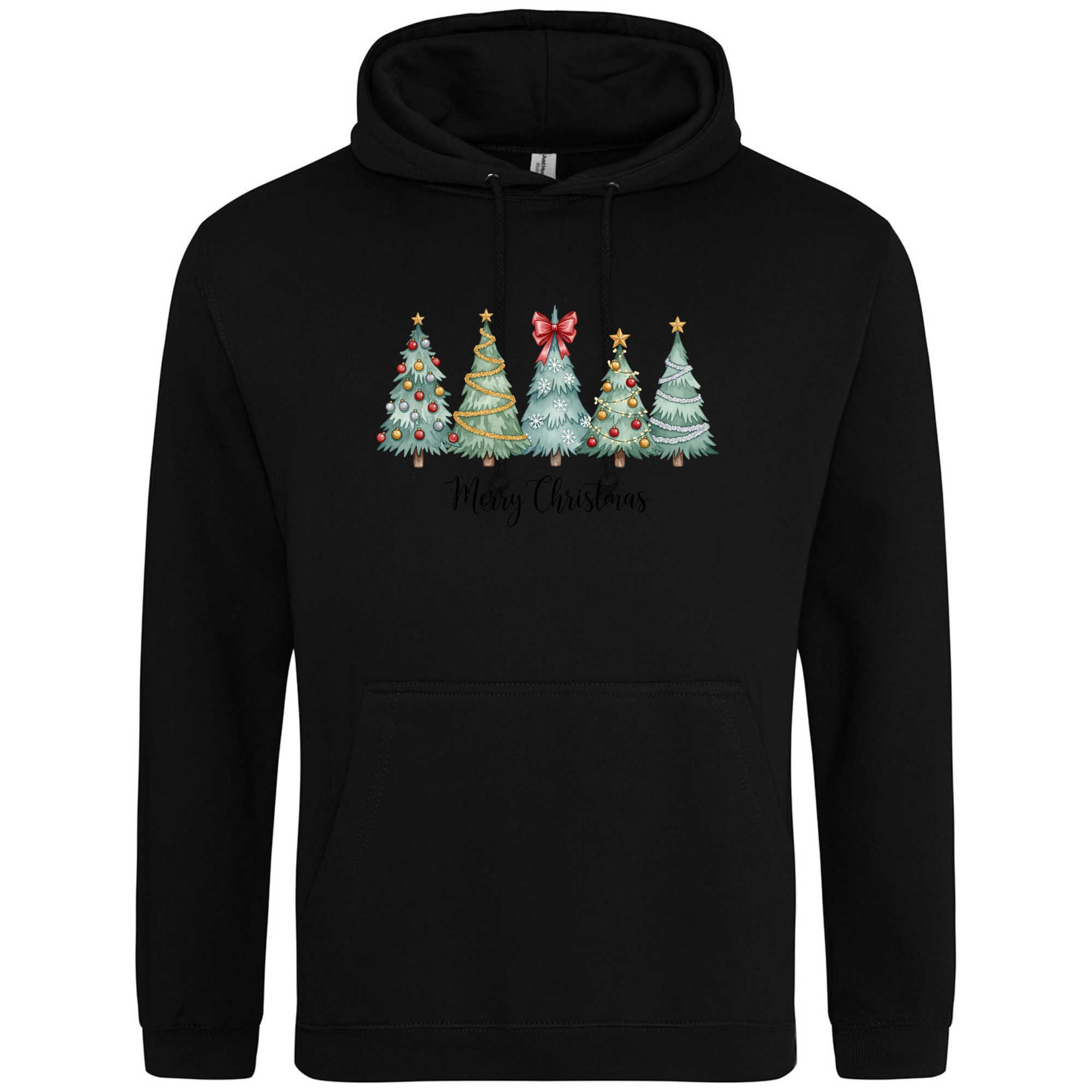 Christmas Trees Hoodie in Deep Black with festive illustration