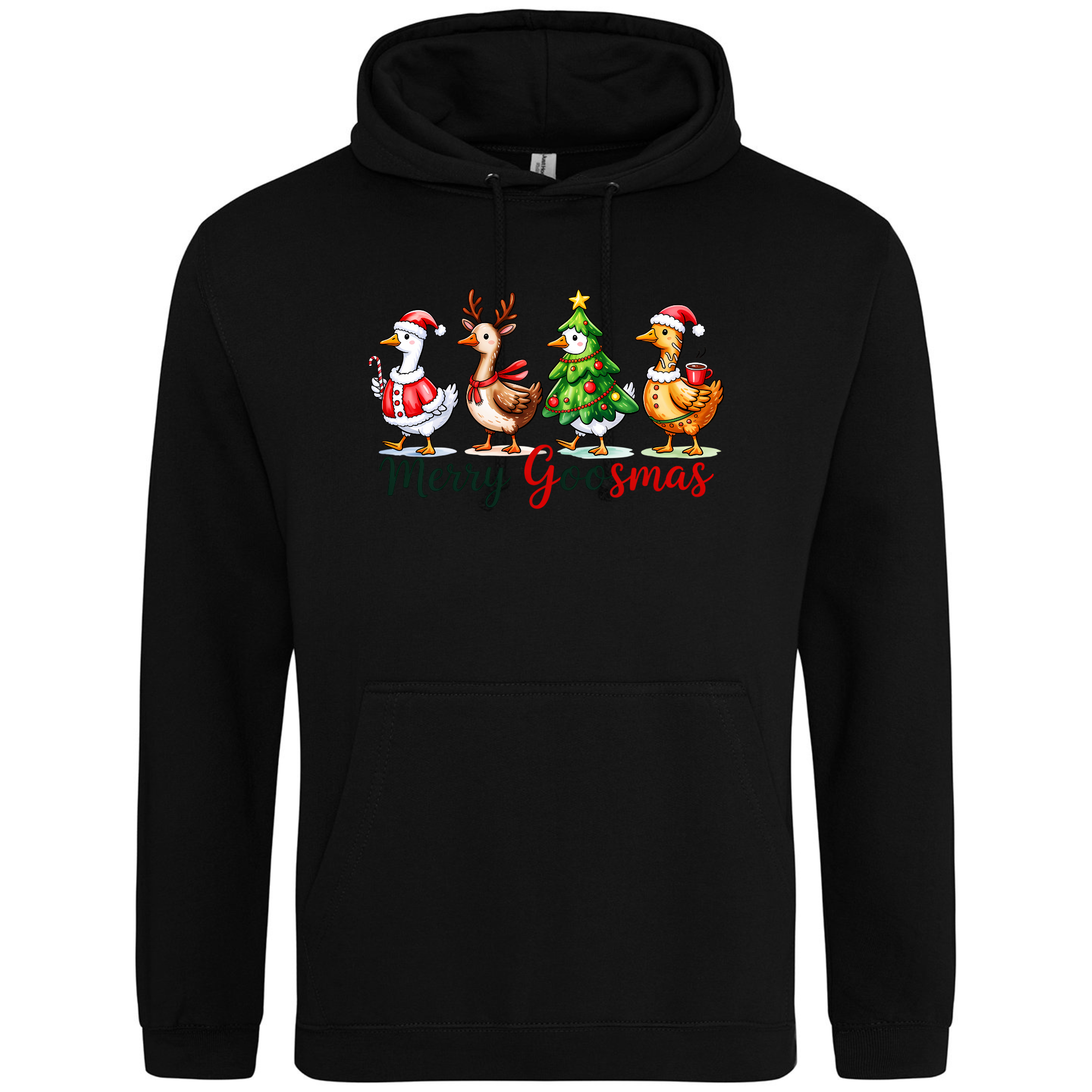 Merry Goosmas Hoodie in Deep Black featuring festive goose design.