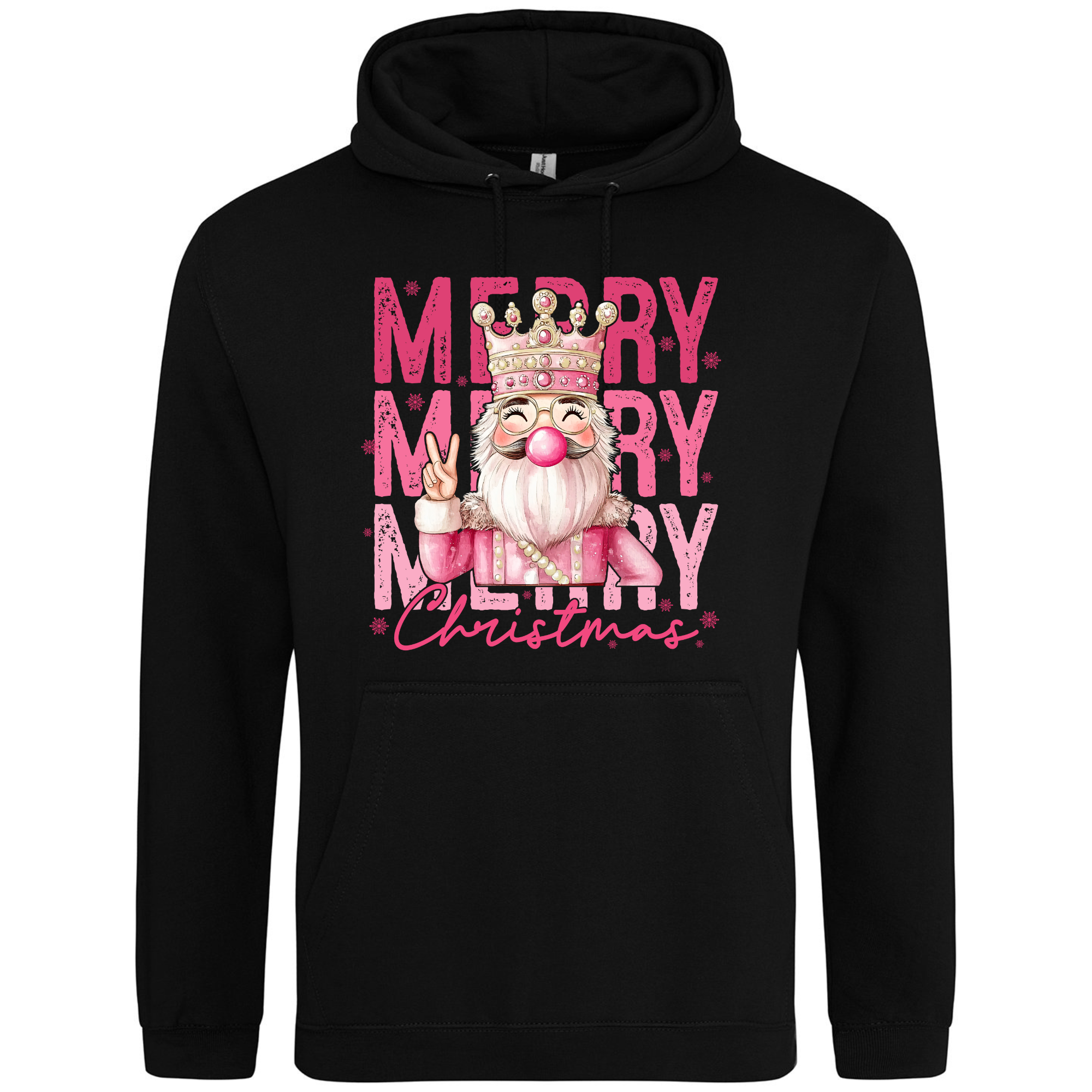 Pink Nutcracker Hoodie in Deep Black – pink Nutcracker festive hoodie with dark contrast.