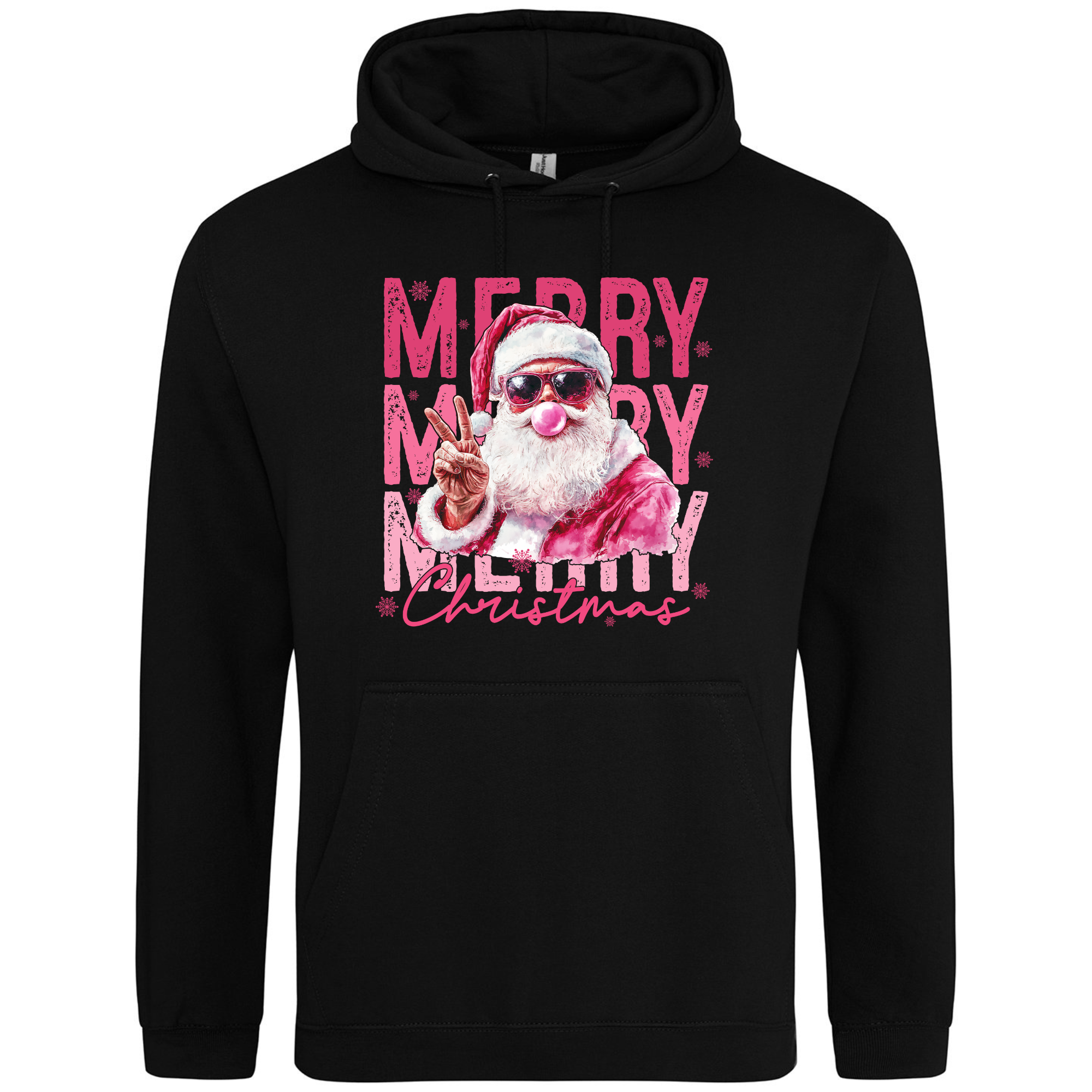 Pink Santa Merry Christmas Hoodie in Deep Black with bold pink Santa design.