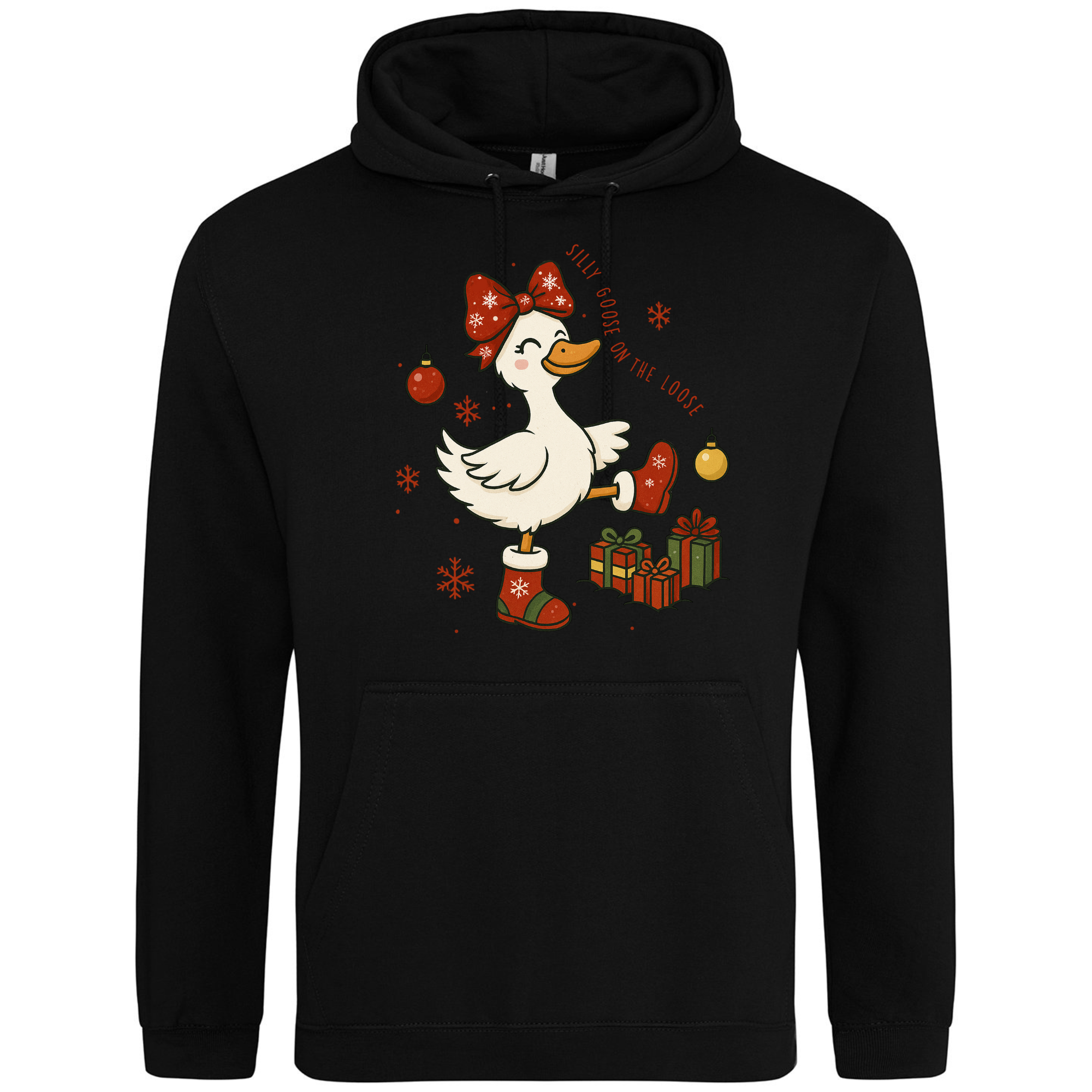 Silly Goose on the Loose Christmas Hoodie in Deep Black with festive goose print.