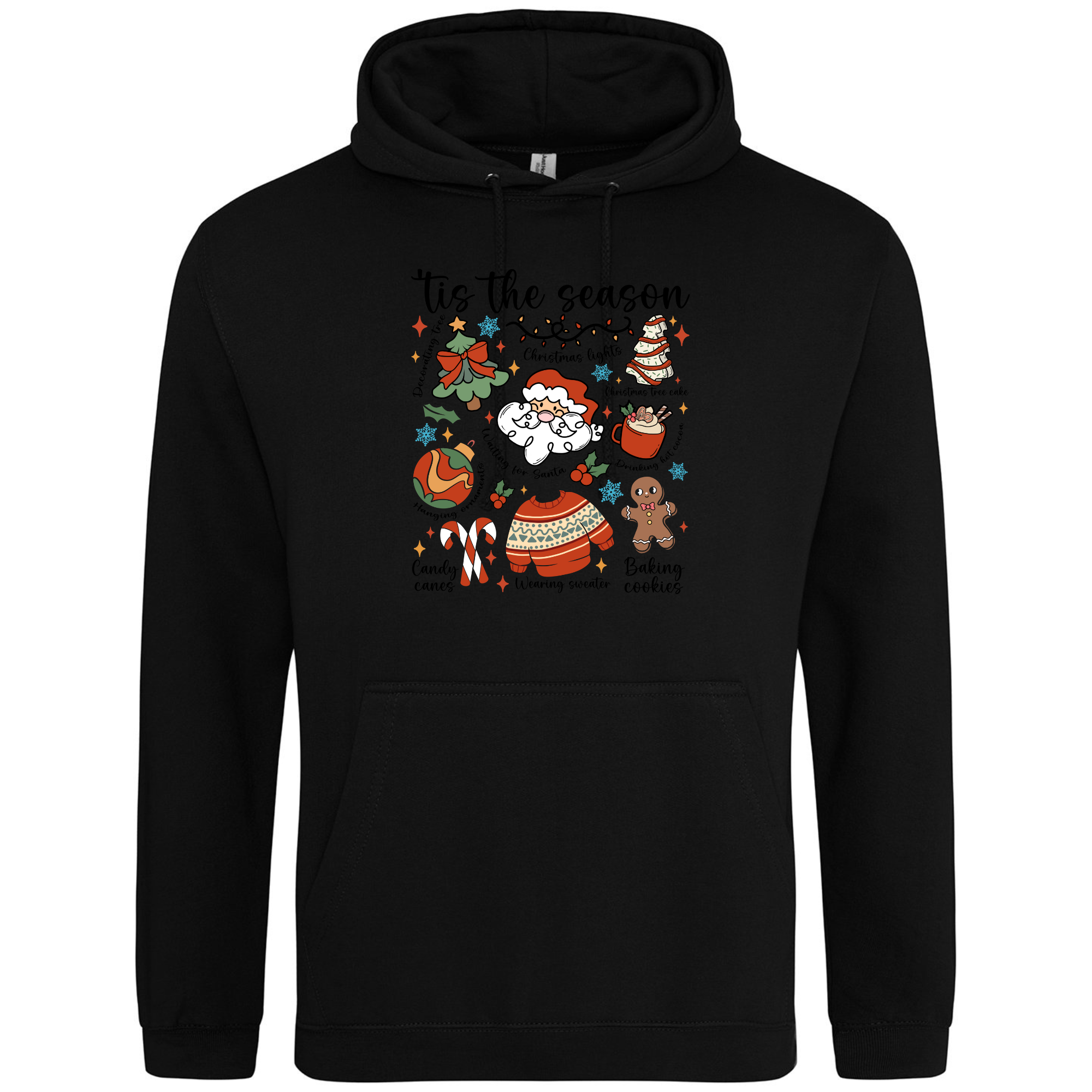 Tis the Season Cartoon Christmas Hoodie in Deep Black featuring festive Santa art.