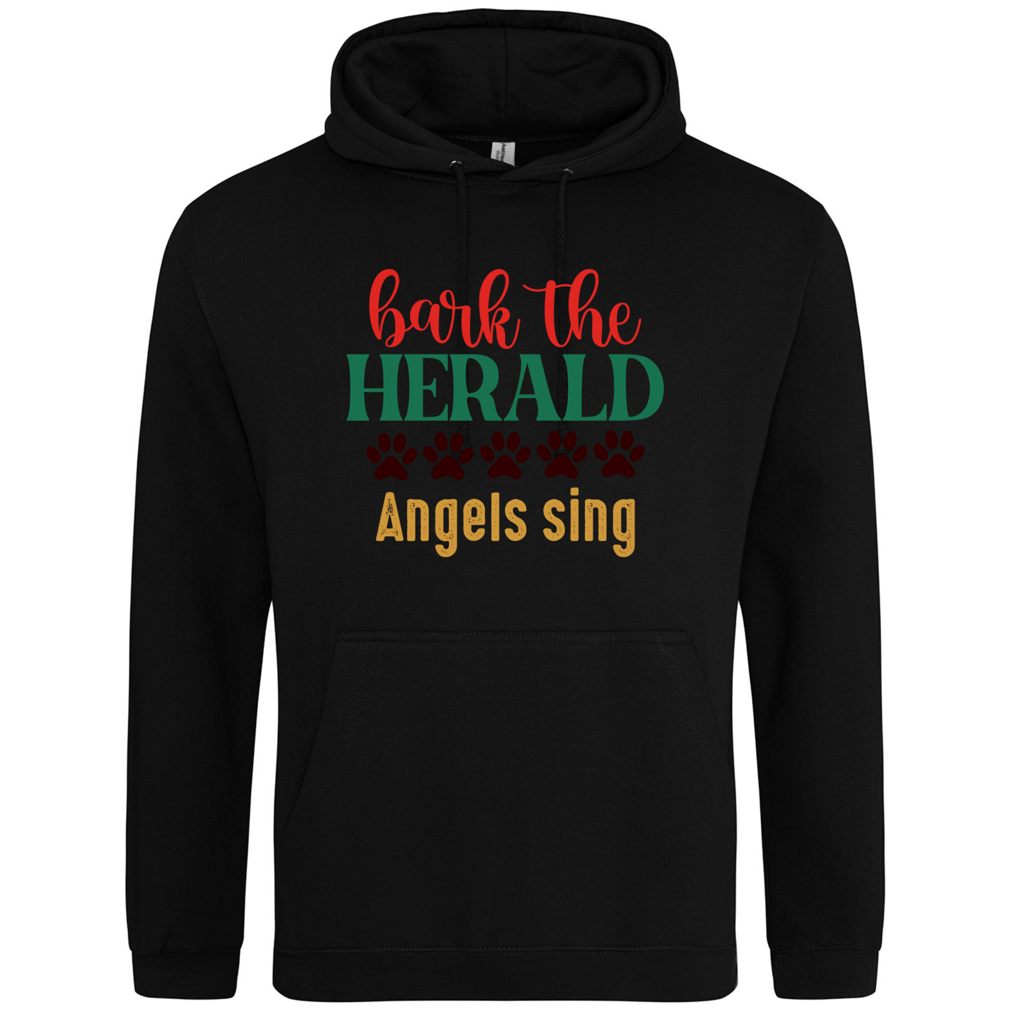 Black hoodie printed with “Bark the Herald Angels Sing” and festive paw prints.