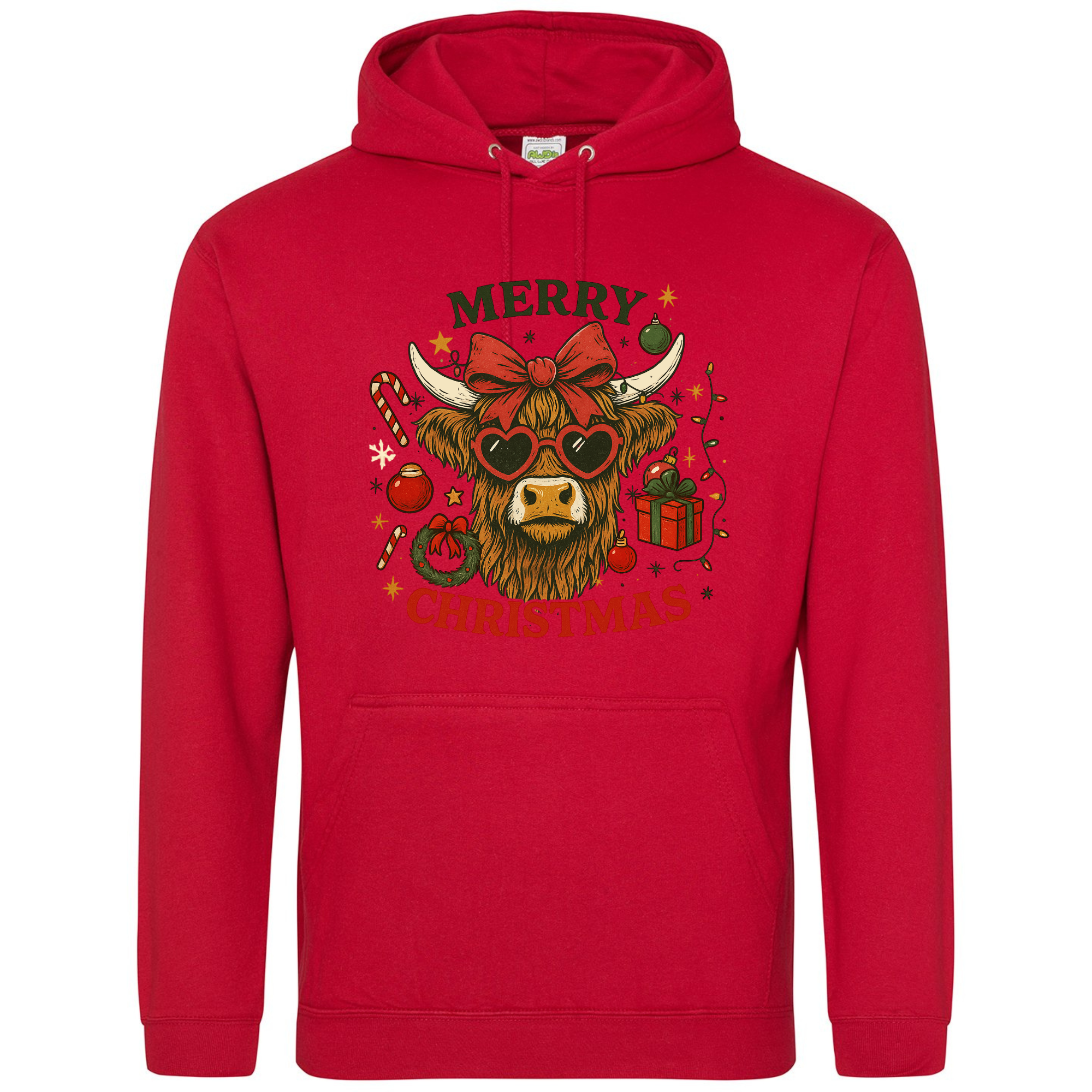 Merry Christmas Highland Cow Hoodie in Fire Red