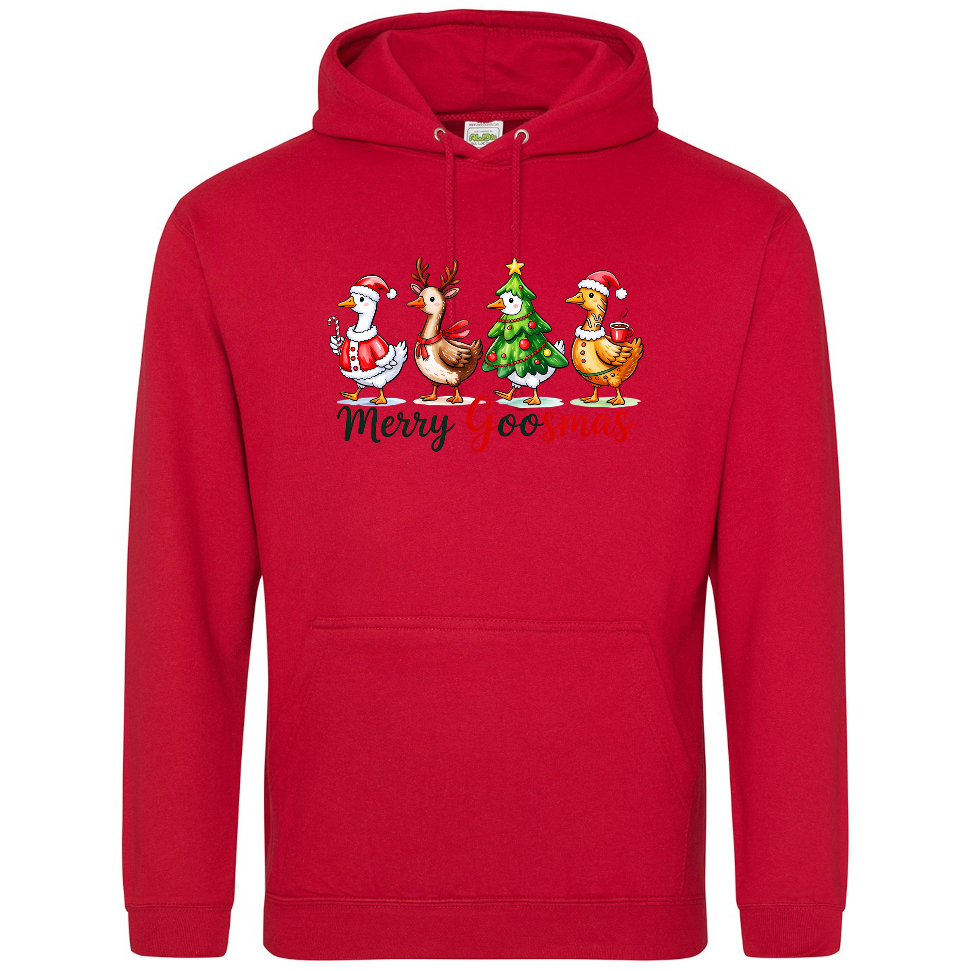 Merry Goosmas Hoodie in Fire Red with festive goose print.