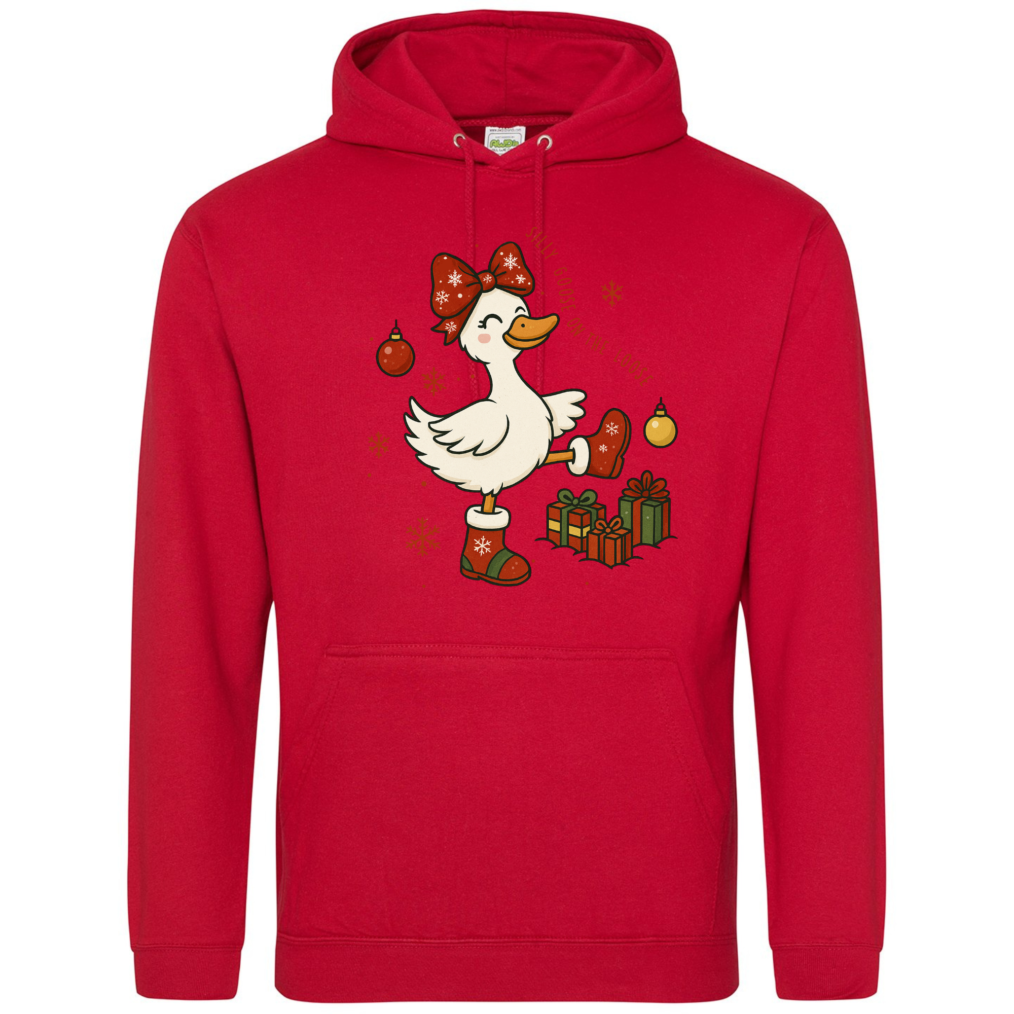 Fire Red Silly Goose on the Loose Christmas Hoodie with goose in boots and presents.