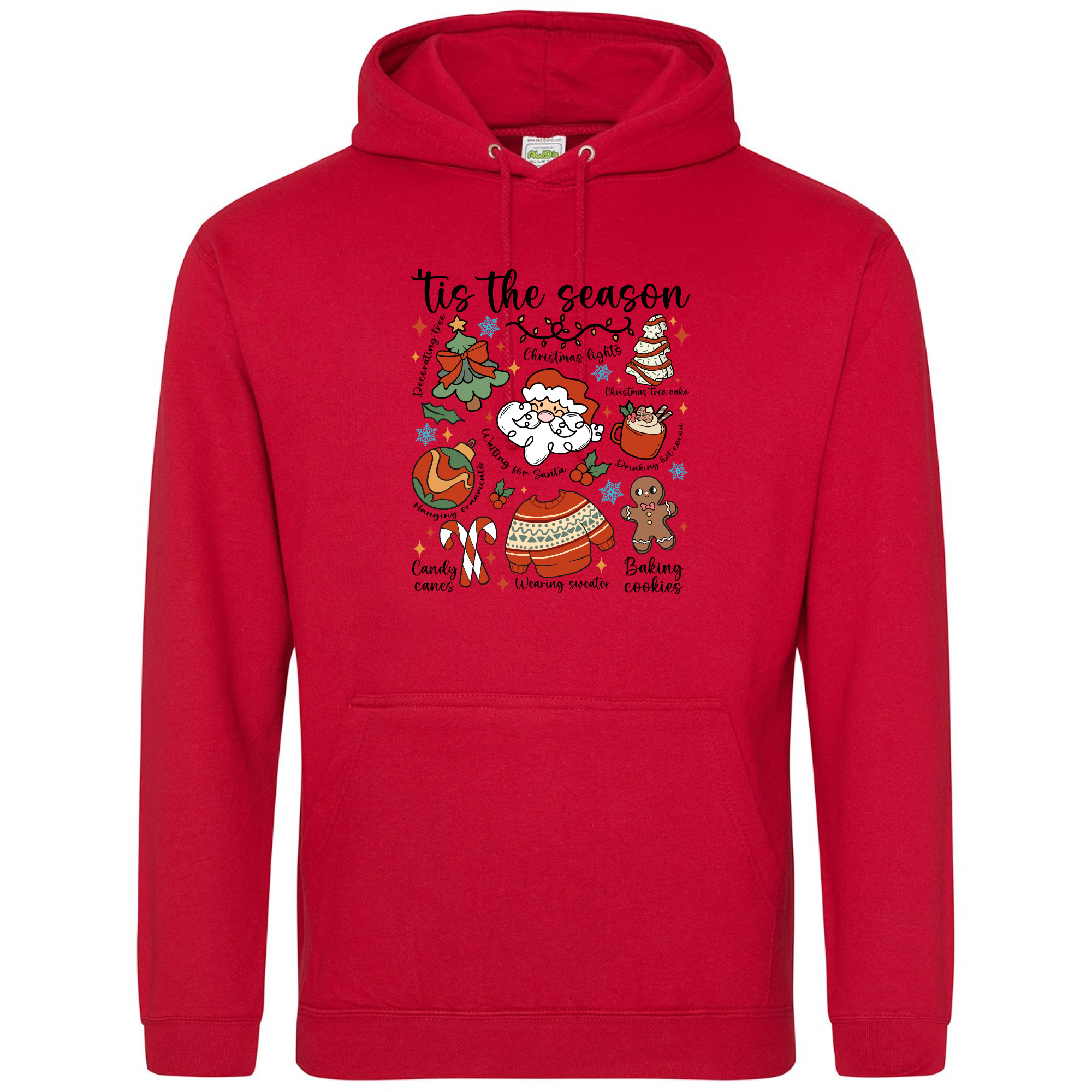 Tis the Season Cartoon Christmas Hoodie in Fire Red with Santa and holiday design.