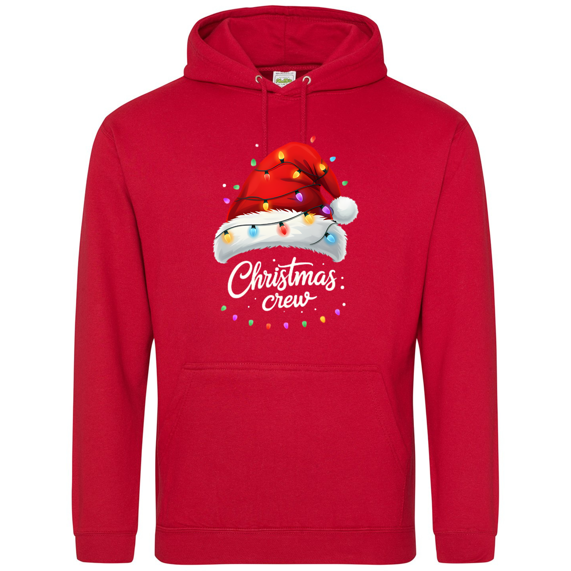 Bright red hoodie with Christmas Crew Santa hat and light string design.