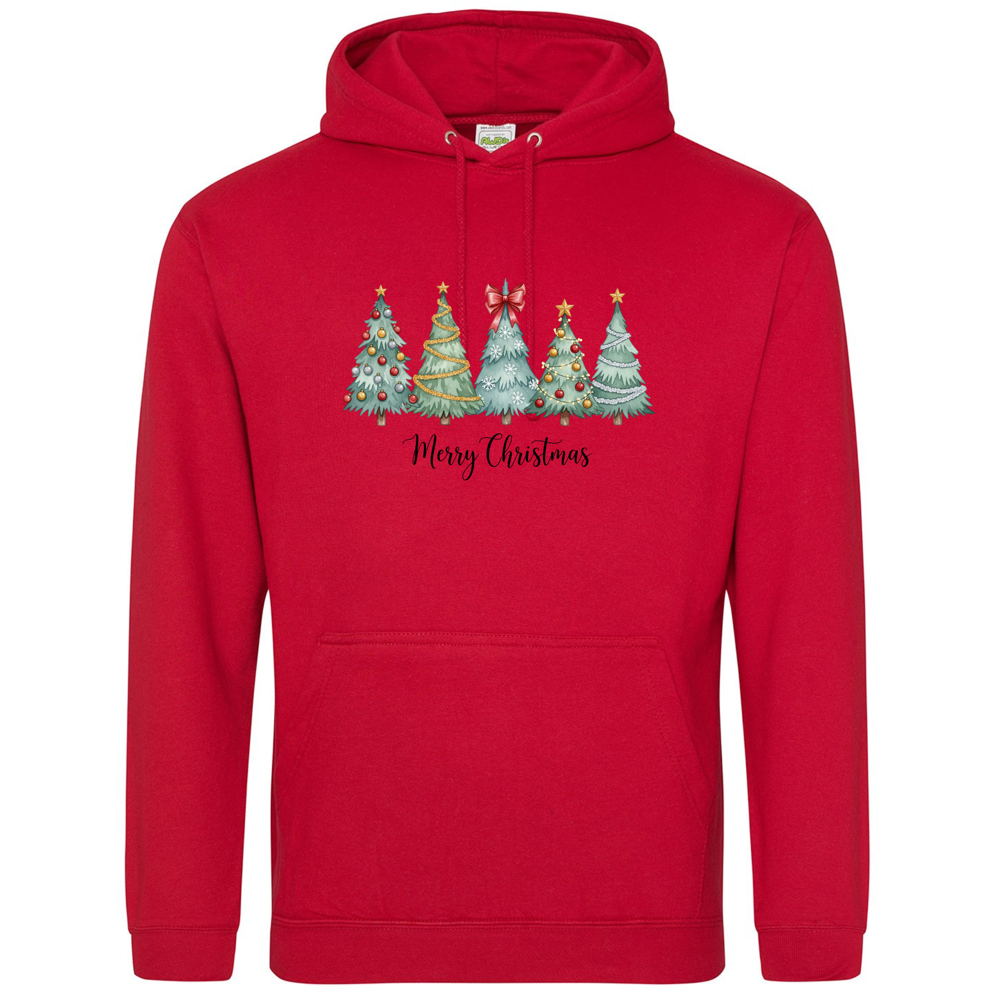 Christmas Trees Hoodie in Fire Red with “Merry Christmas” text and trees