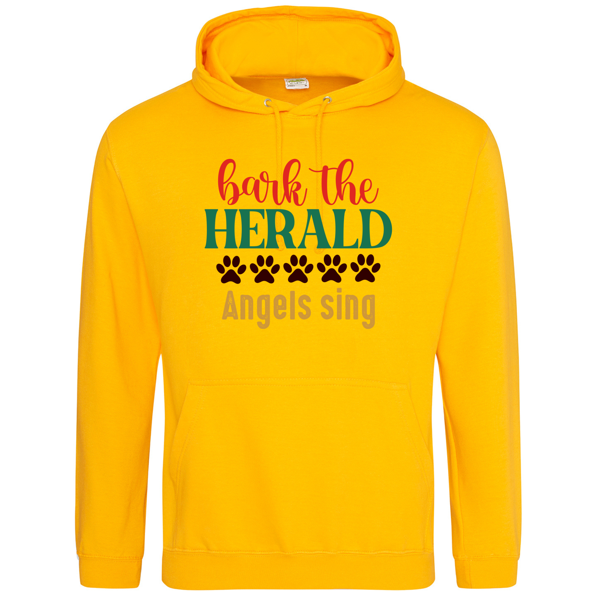 Yellow hoodie featuring the “Bark the Herald Angels Sing” festive paw print design.
