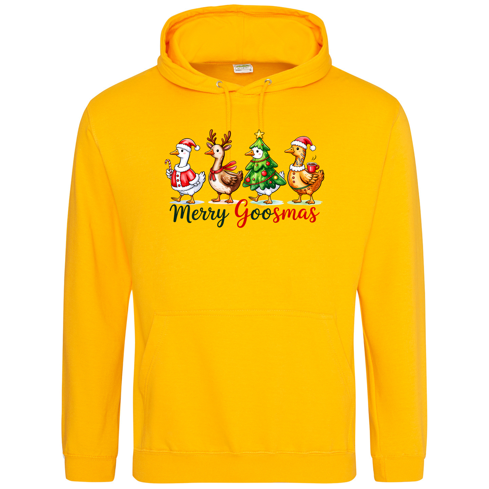 Merry Goosmas Hoodie in Gold featuring festive goose design.