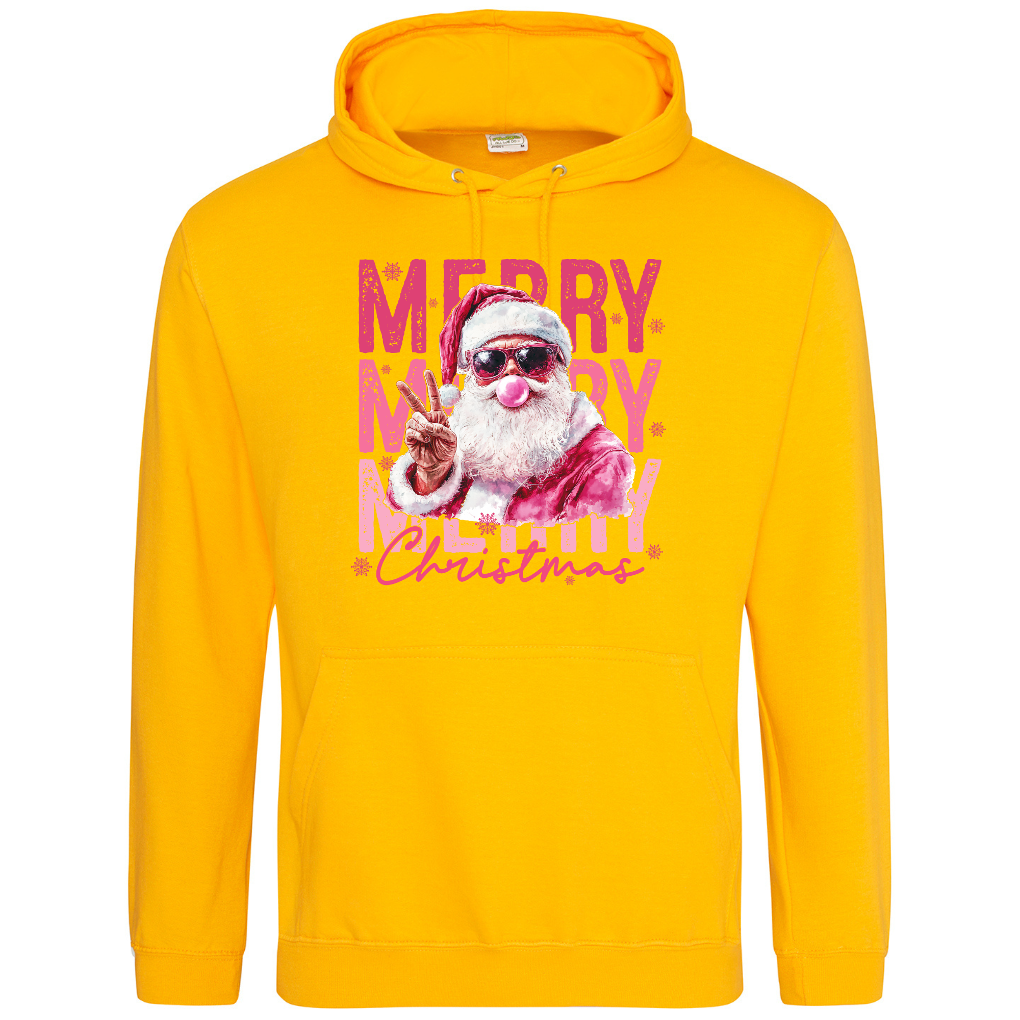 Pink Santa Merry Christmas Hoodie in Gold with bubblegum Santa design.