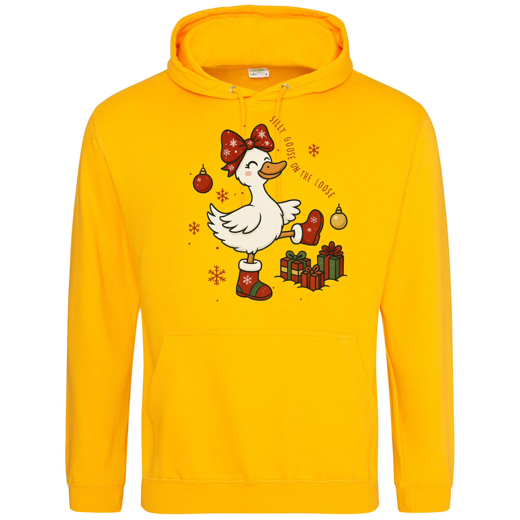 Gold Silly Goose on the Loose Christmas Hoodie with festive goose design.
