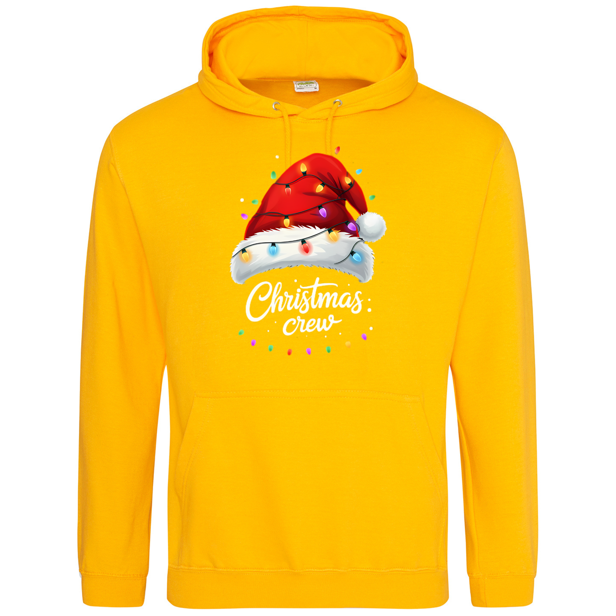 Golden yellow hoodie with Christmas Crew Santa hat and fairy lights print.