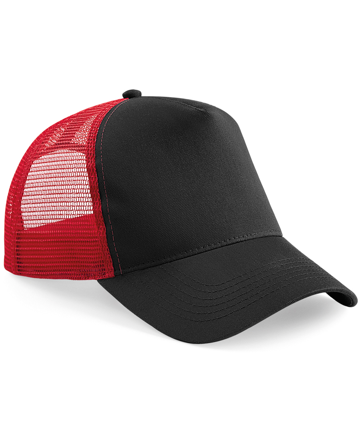 Black and red two-tone trucker cap with mesh back