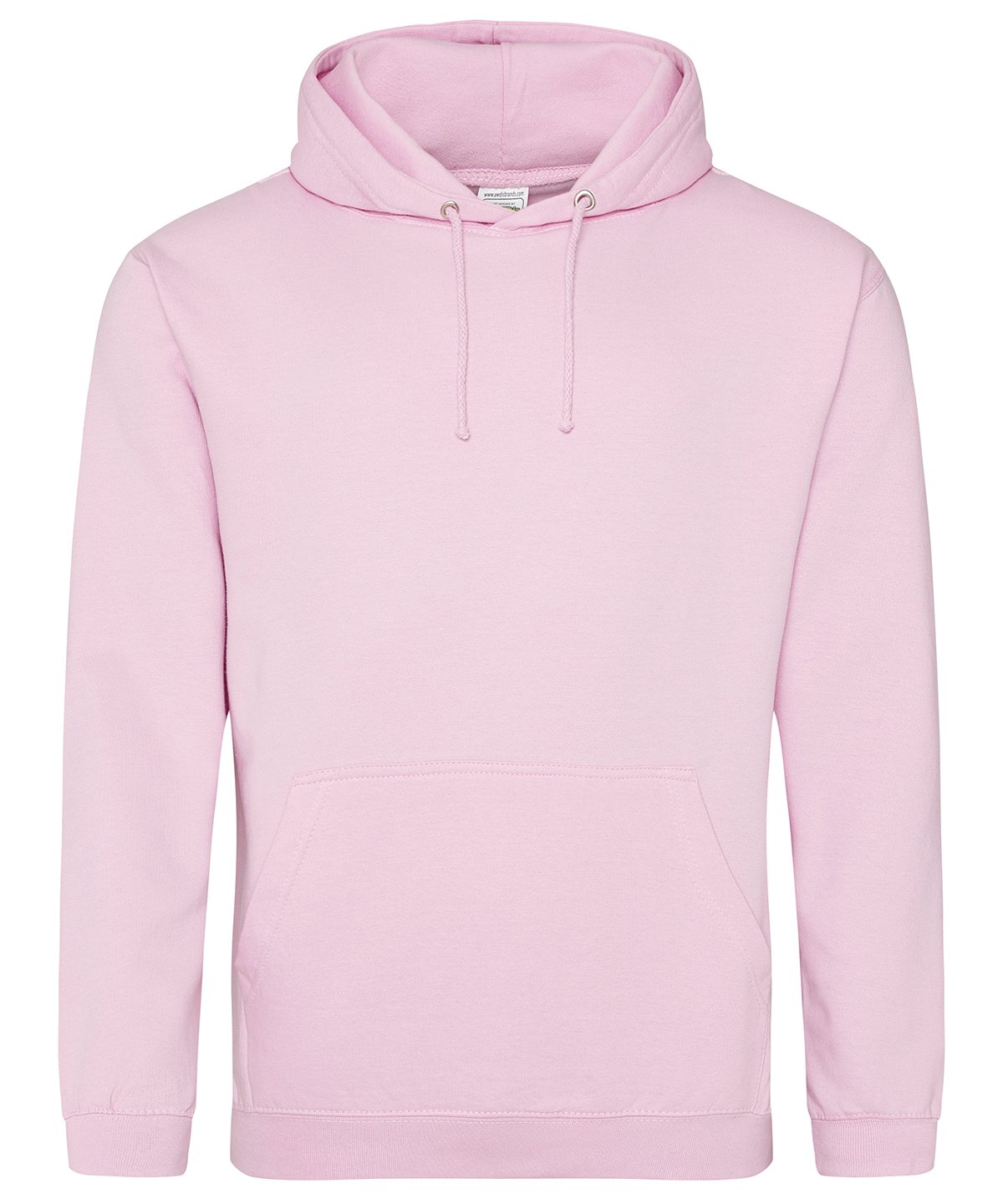 Baby pink customisable adult hoodie with drawstring hood and kangaroo pocket.