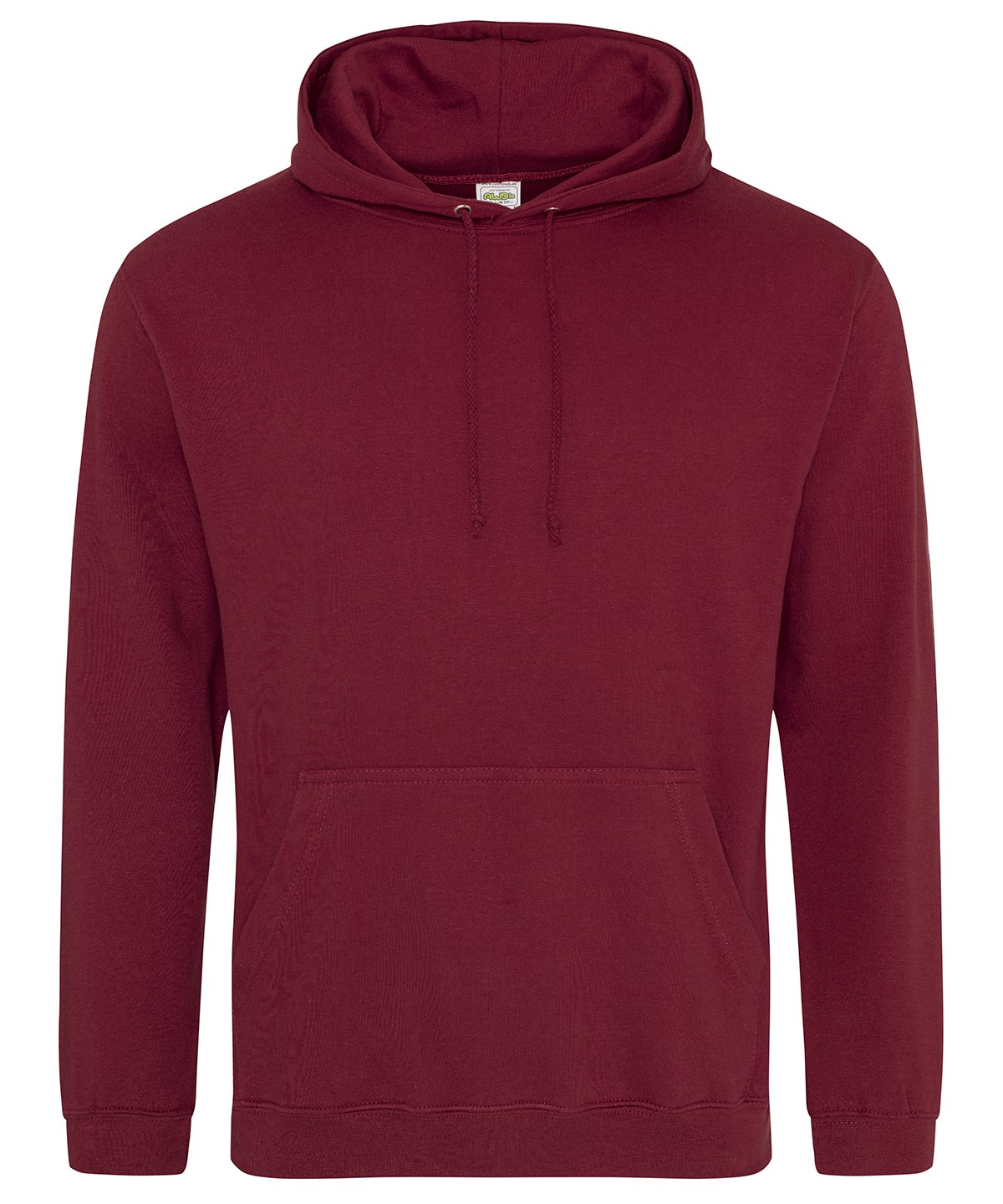 Burgundy customisable adult hoodie with drawstring hood and kangaroo pocket.